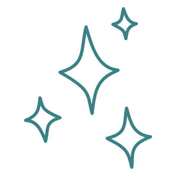 Zeigt das Icon für den Wert "individuell", einer der drei Werte von meliscosmos. Vier glitzernde Sterne mit türkisfarbener Kontur auf schwarzem Hintergrund.
