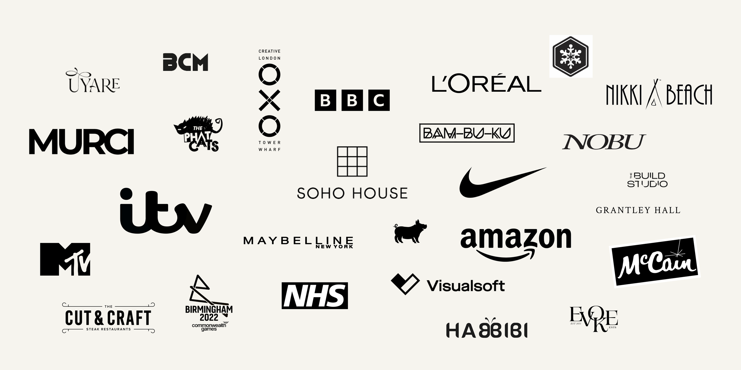 A collection of black and white logos, including ITV, Amazon, Nike, BBC, MTV, and others, arranged on a light background.