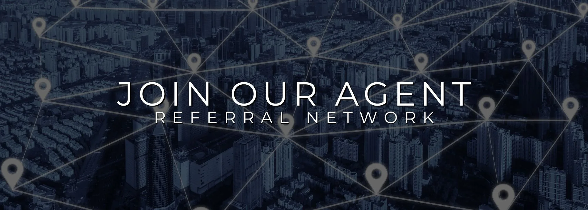 oin Our Agent Referral Network graphic by Andrea Duane & Co., featuring a connected city skyline with location pins symbolizing real estate agent connections and referral partnerships.