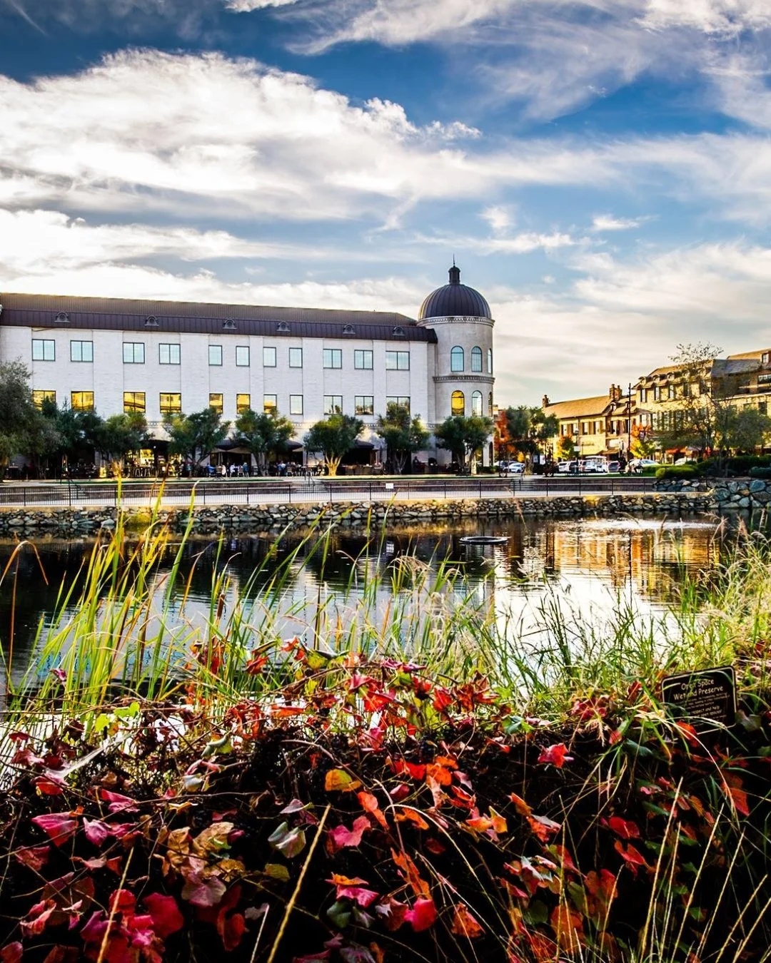 Scenic view of El Dorado Hills Town Center with waterfront, dining, shopping, and community events hub in Northern California.