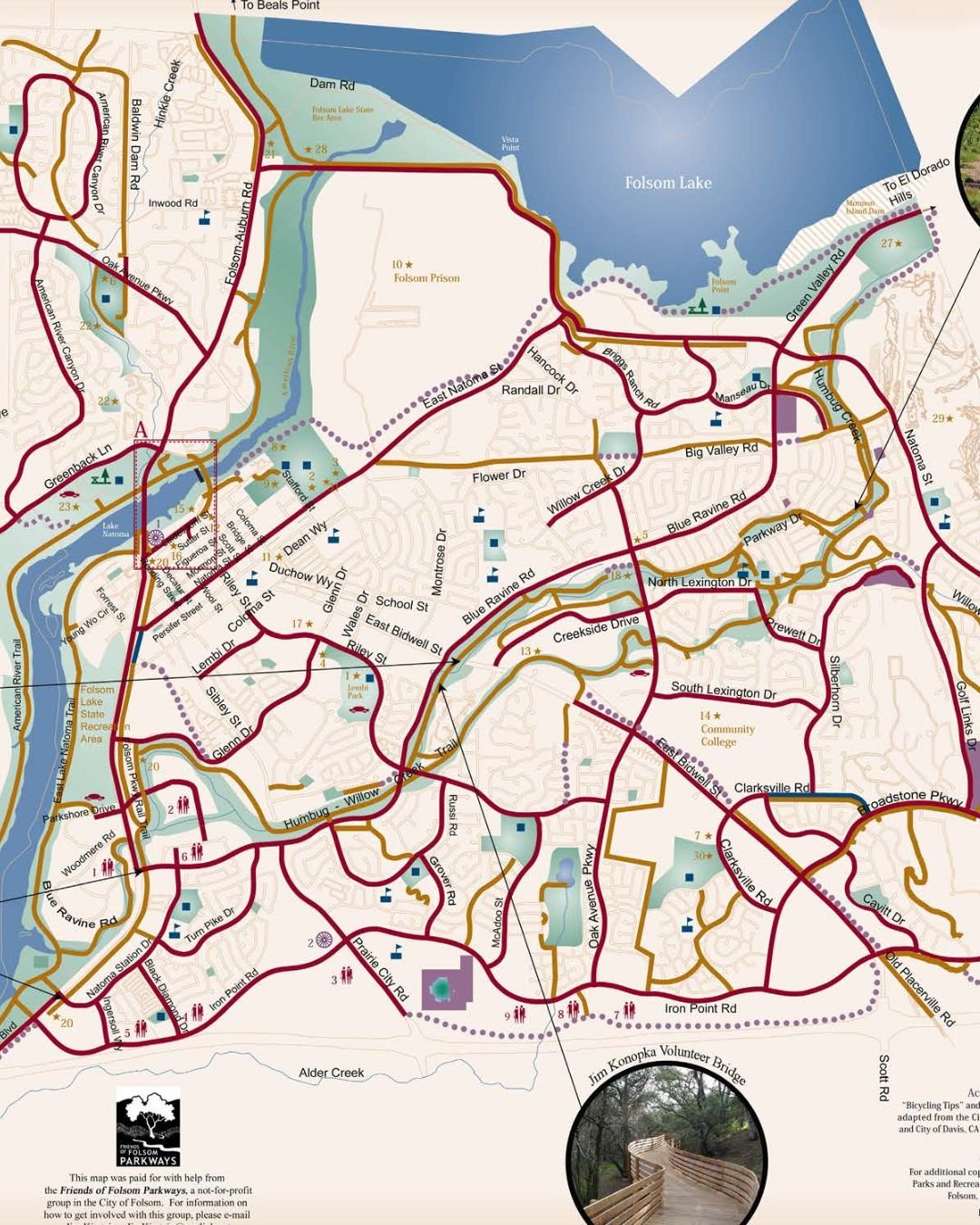 Map of Folsom California trails and parkways highlighting bike paths, walking routes, and connections to Folsom Lake and the American River.