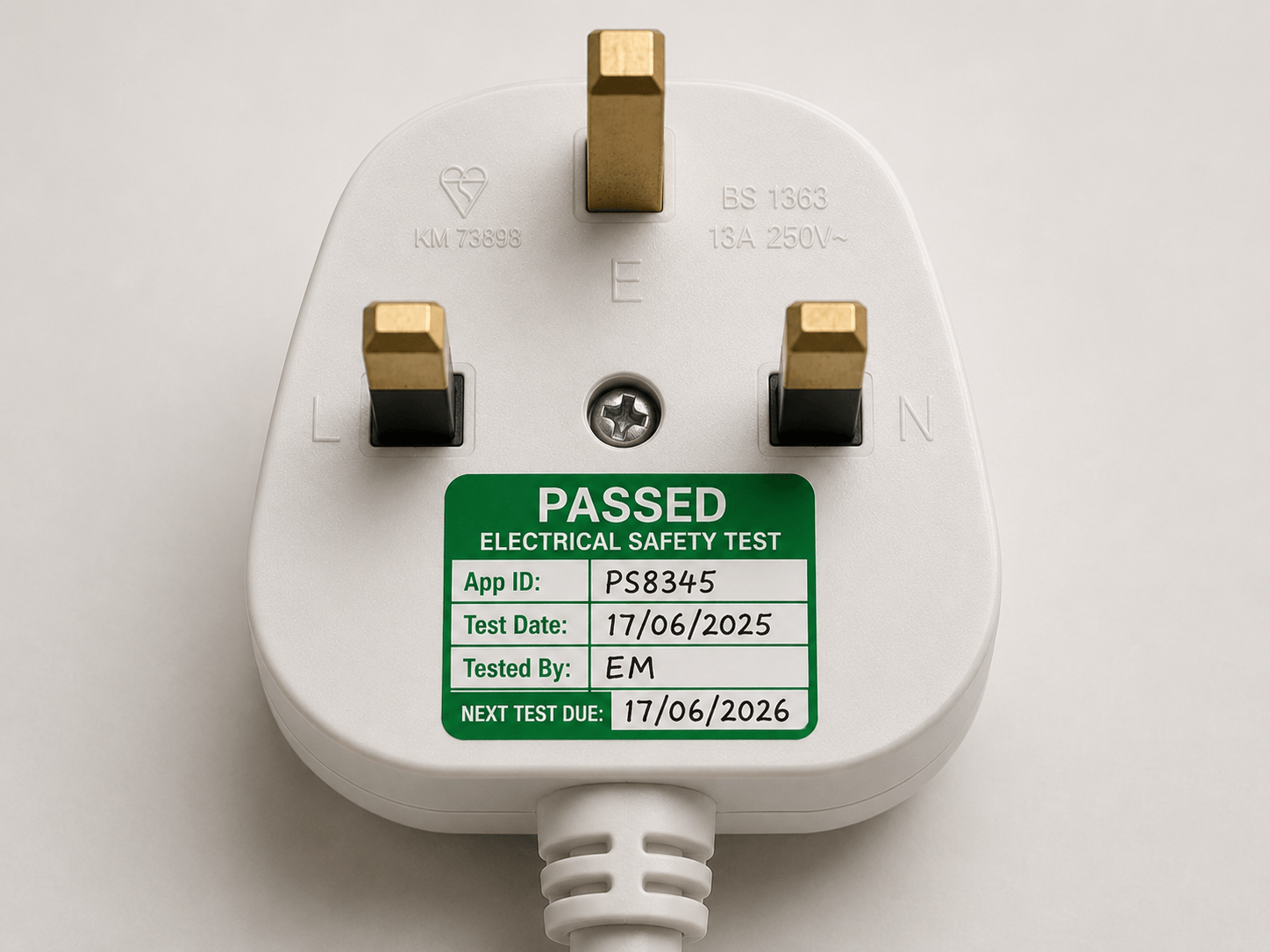 UK plug with PAT Safety PASSED electrical safety test sticker — App ID PS8345, tested by EM