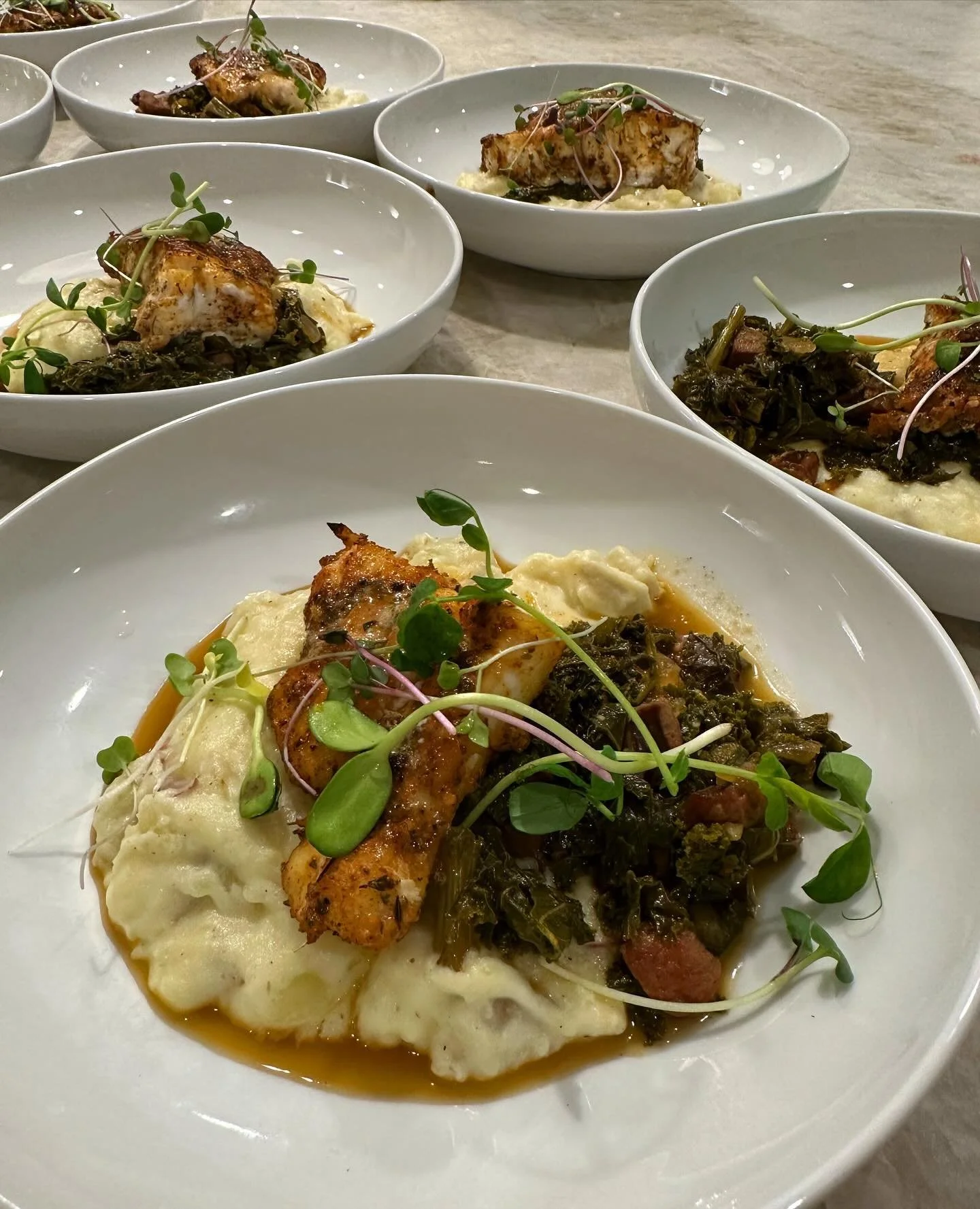 Seared grouper, chunky mashed potatoes, southern style kale greens &amp; sausage, potlikker 🍃 

#glutenfree #glutenfreefood #localcatch #fish #gulf #seafood #florida #30a #dinner #chef #food #foodie