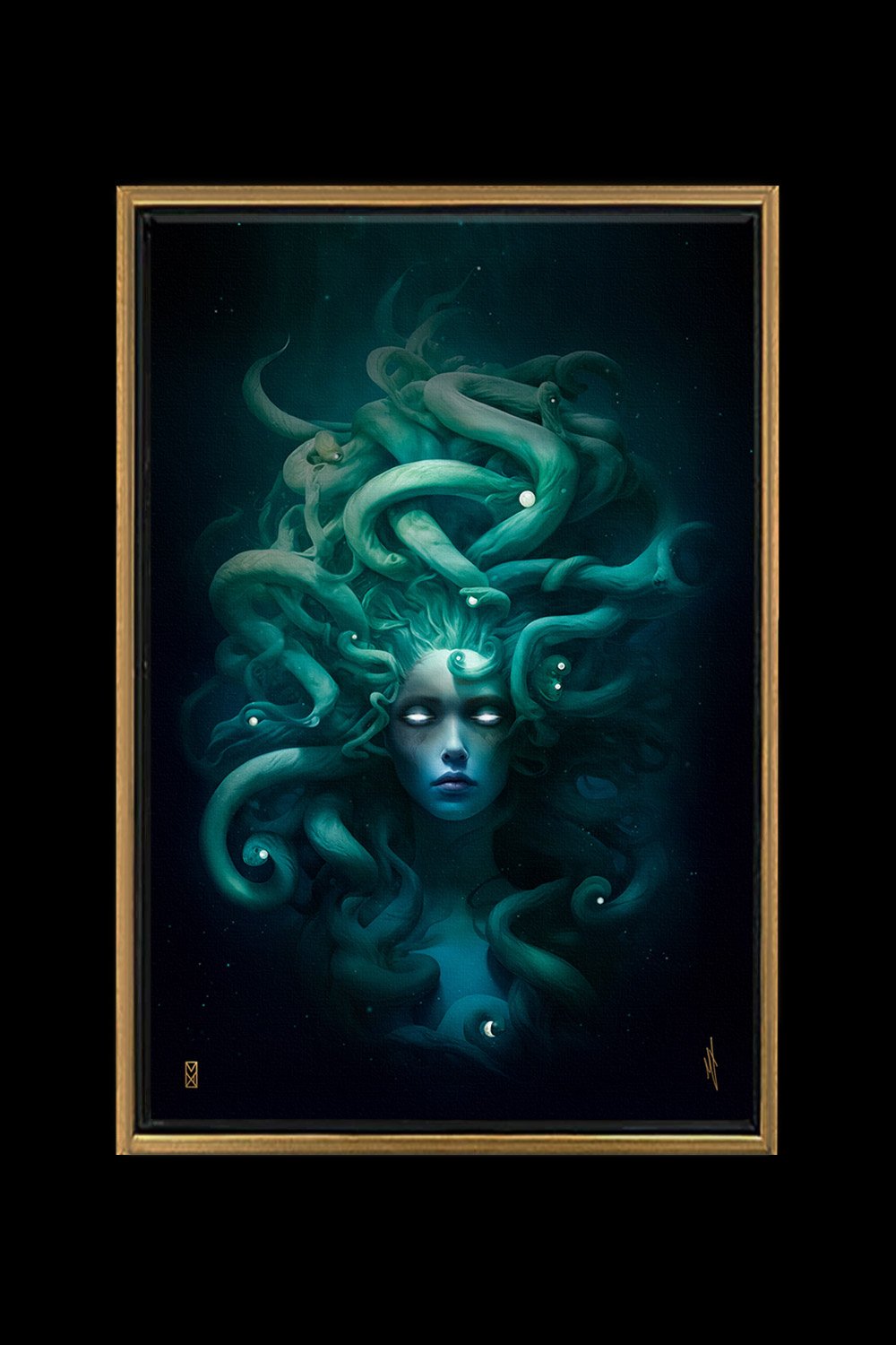 MADX's "13 Pearls of Medusa: The Awakening" artwork of an aqua green, beautiful, medusa with closed eyes, surrounded by swirling tentacle-like shapes with glowing white eyes, against a dark background in the ocean.