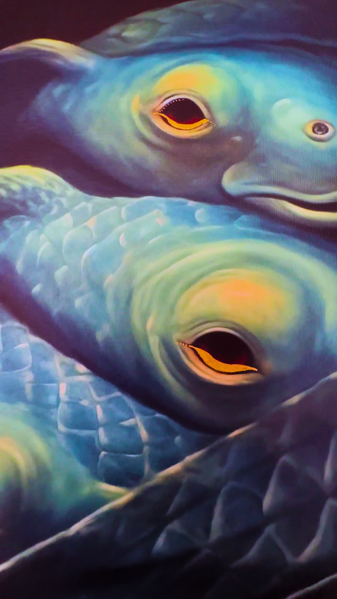 Extreme close-up detail of fish eye in MADX Justice of the Deep mixed-media canvas print. Luminous golden eye of blue-green fish over canvas texture, hand-painted embellishments by NYC artist MADX.
