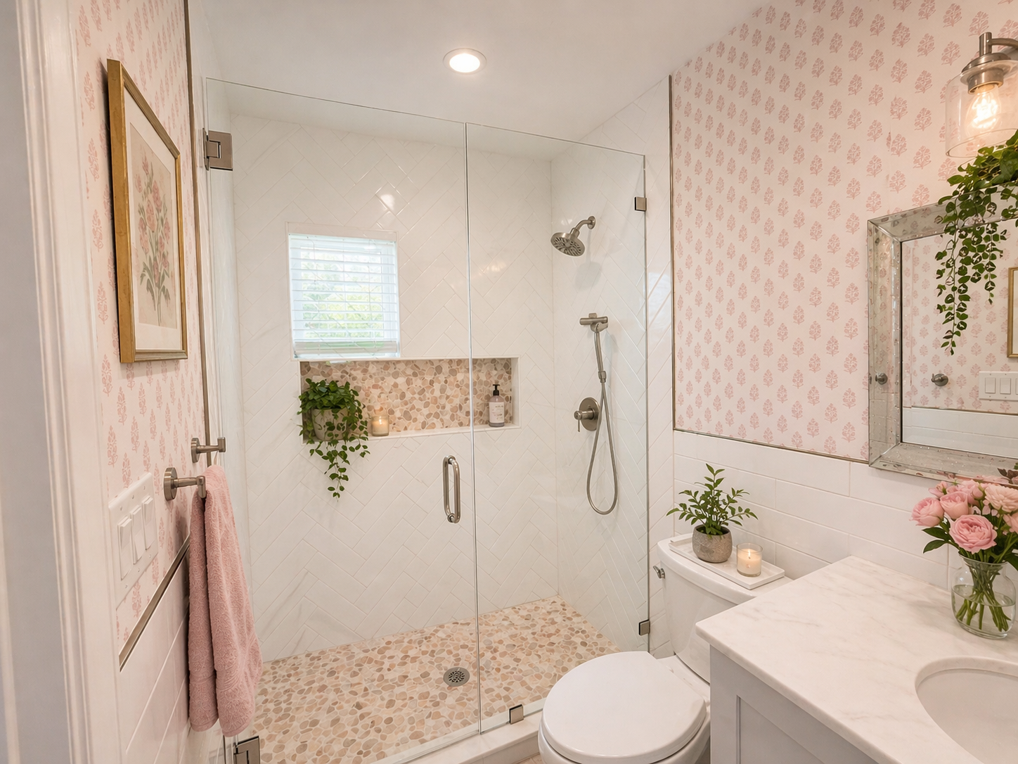 A cozy bathroom with a walk-in shower, pink floral wallpaper, and a white vanity with pink roses. The shower has pebble tile flooring, built-in shelves with plants, candles, and toiletries, and a small window with blinds. There is a square mirror abo