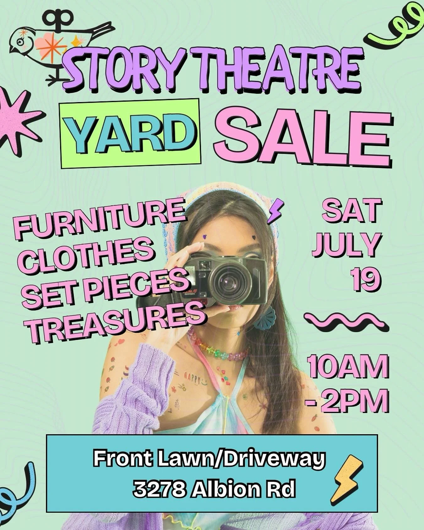 FUNDRAISER YARD SALE 🎩🧳🦚

Saturday July 19th
10am-2pm
Front Lawn of 3278 Albion Road, Victoria 

Join us for a Story Theatre fundraiser yard sale as part of our 45 for 45 years campaign! 45 years of children&rsquo;s theatre means 45 years of stora