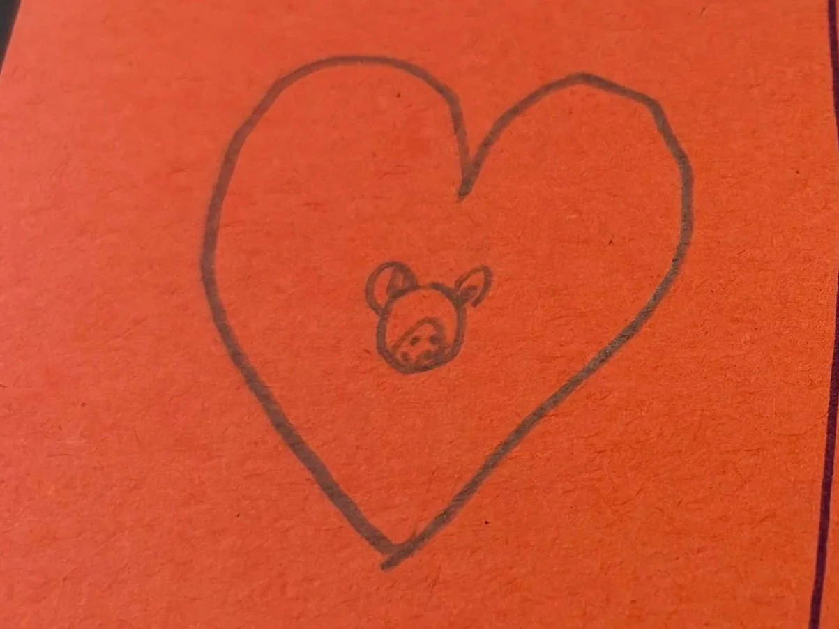 Heart drawing of Bumper the Frog with Monica's face poking out of the mask.