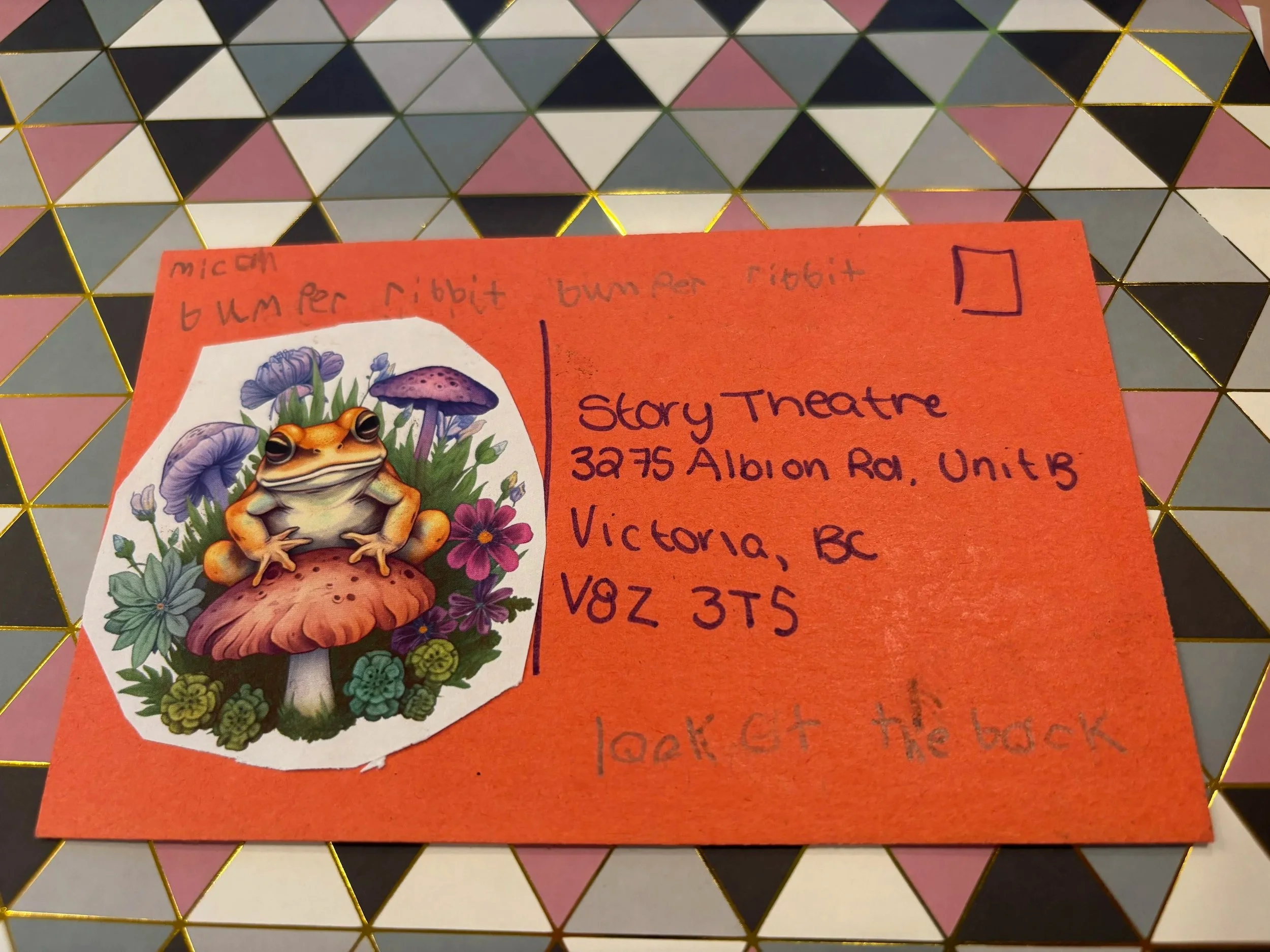 Postcard Collage and Artwork by Micah

Front: “Bumper ribbit bumper ribbit. Look at the back”

Back: A drawing of the mailfly puppet delivering mail!