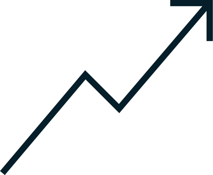 Line graph with an upward trend, black background, dark blue lines and arrow indicating growth.