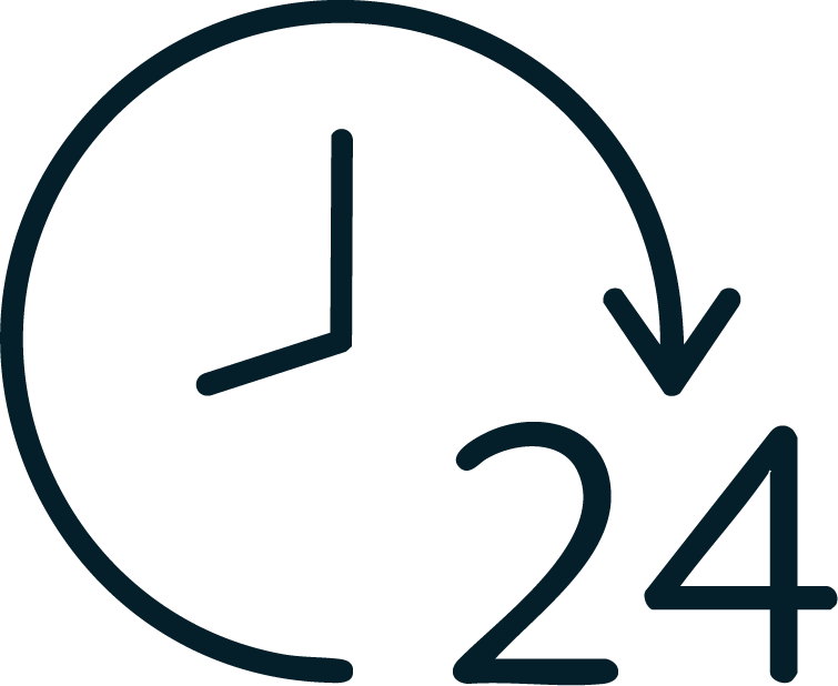 A clock showing the time as 11:00 with a curved arrow pointing clockwise and the number 24.