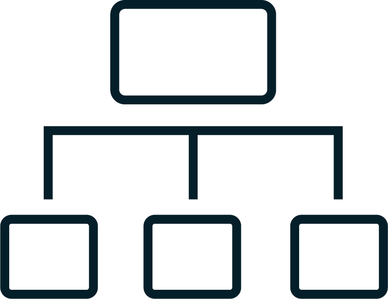 Diagram of a hierarchical organizational chart with a top box connected to three boxes below.