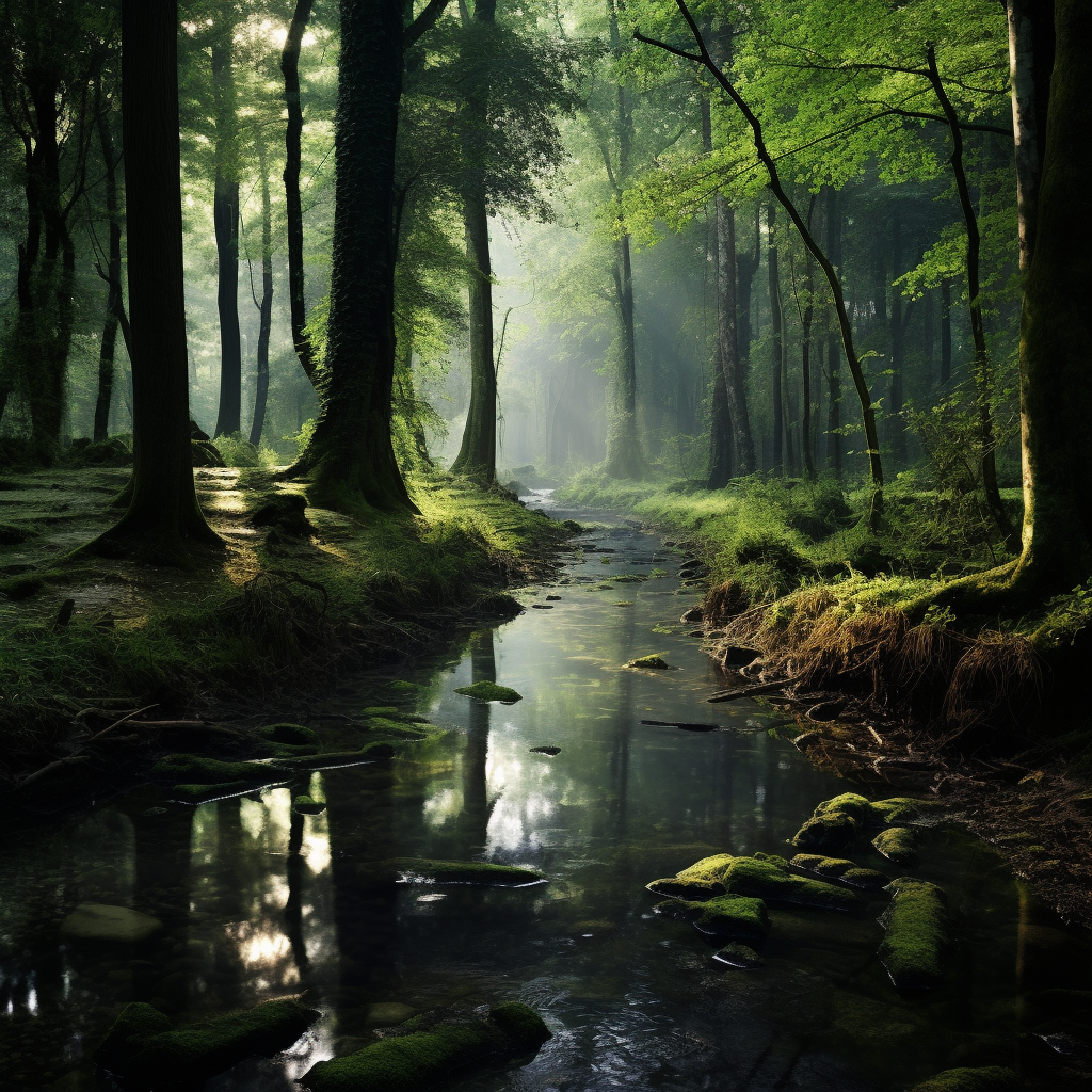Nashville Shaman. A peaceful forest scene with tall trees and green leaves, sunlight filtering through the canopy, a narrow stream running through, and moss-covered rocks along the bank.