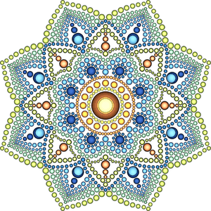 Psychic. Detailed mandala design composed of colorful dots in blue, green, orange, and yellow forming intricate circular patterns.