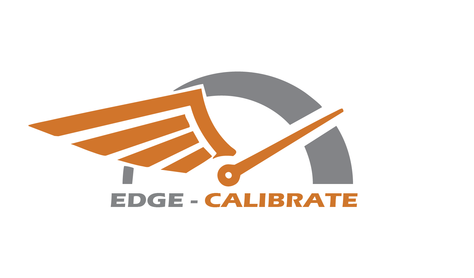 A logo featuring a speedometer with a stylized wing in dark orange and gray colors, with the words 'EDGE - CALIBRATE' beneath it.