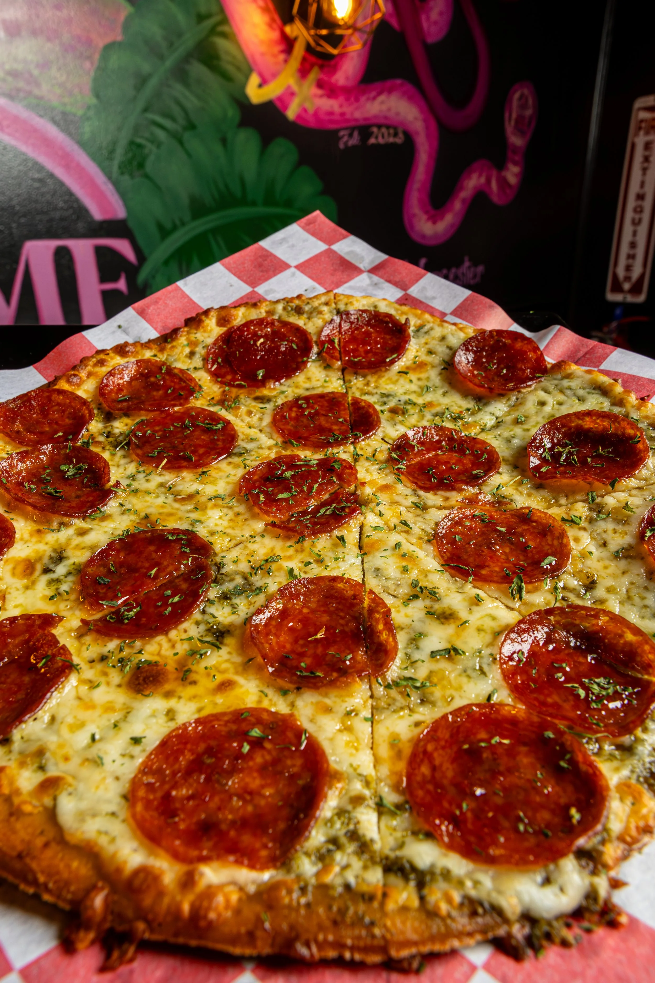 Hot Honey Pesto Pepperoni Flatbread