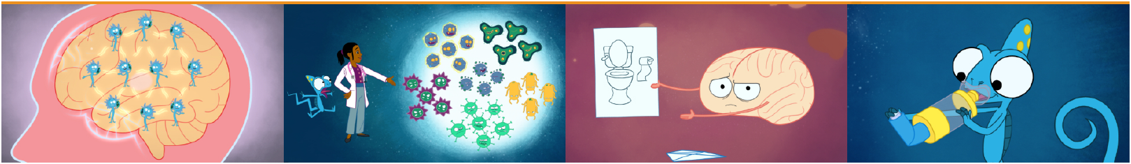 Quatre illustrations animées en bande : 1) Un cerveau avec des figures humaines bleues. 2) Une scientifique avec un tableau de microbes colorés. 3) Un cerveau tenant un dessin de toilettes. 4) Un caméléon bleu tenant un objet lumineux.