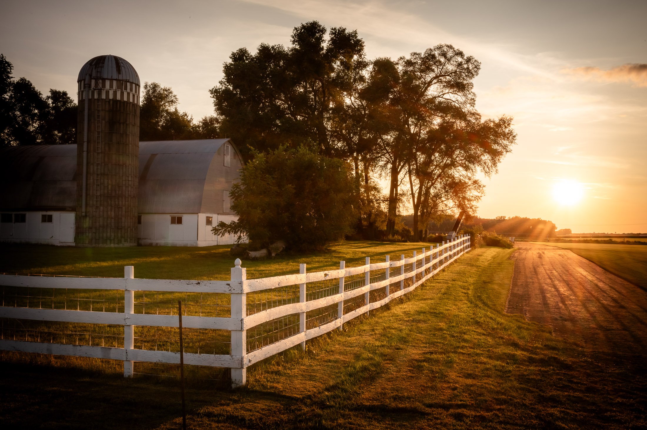 A rural farm landscape during sunset with a barn and silo, green grass, a white fence, trees, and a dirt road leading toward the horizon.
