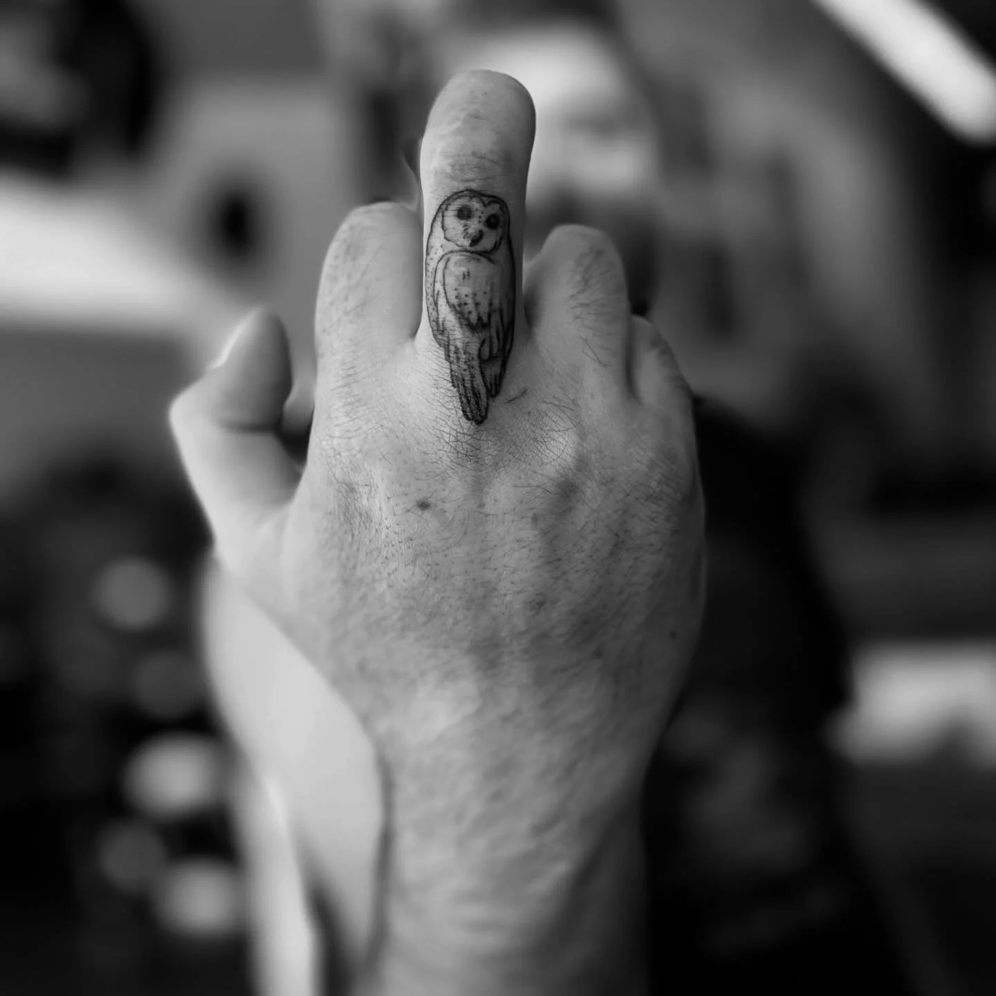 This incredible human lost part of his middle finger in a table saw accident and felt that void for some time. 
I’m happy to share, we filled that void with an owl tattoo so he can proudly “flip the bird” once again.
Fill the void