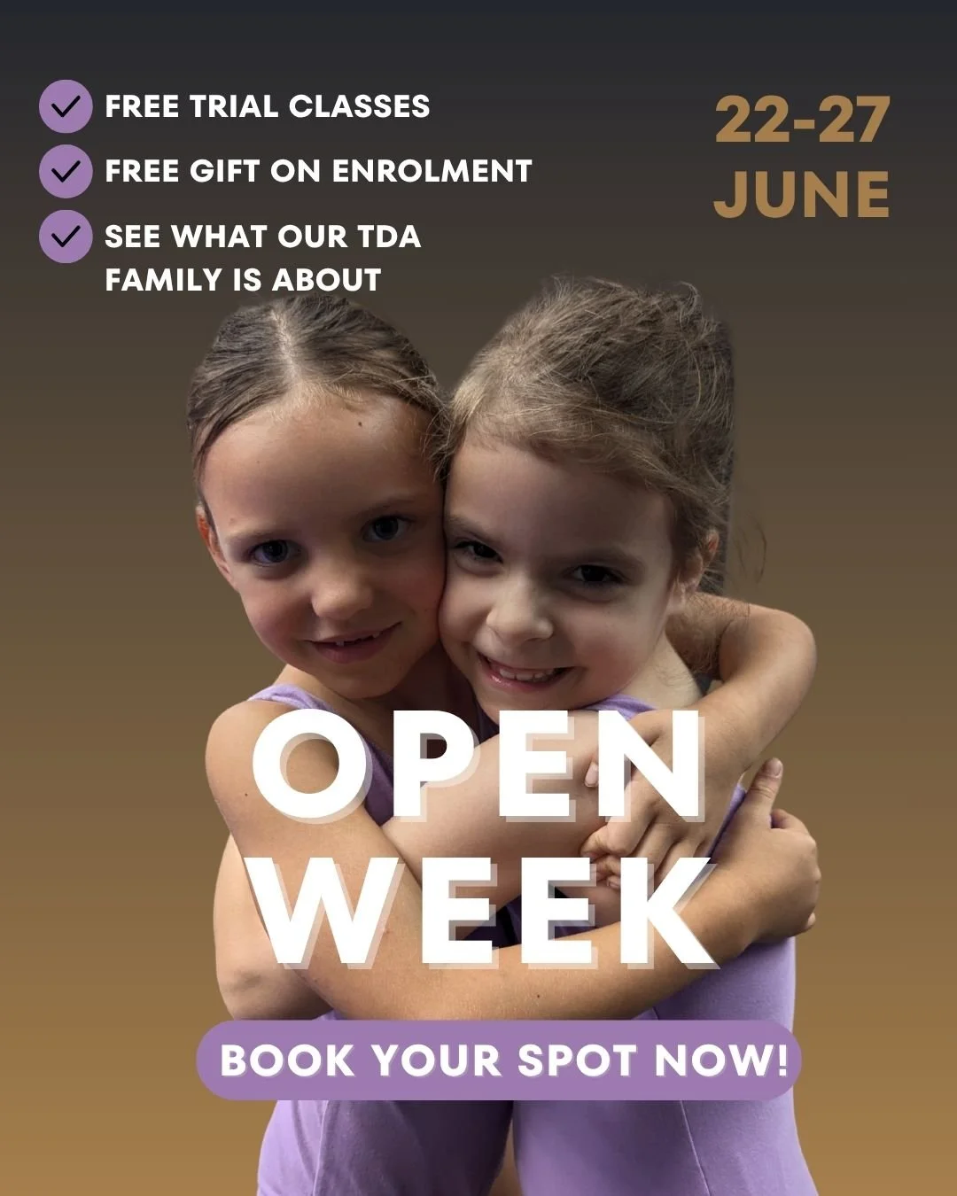 OPEN WEEK IS HERE AT TDA! 🌟

Have you been thinking about trying dance? Now is the perfect time to discover what makes The Dance Academy so special.

From 22 - 27 June, we're opening our doors and inviting new families to experience the joy, confide