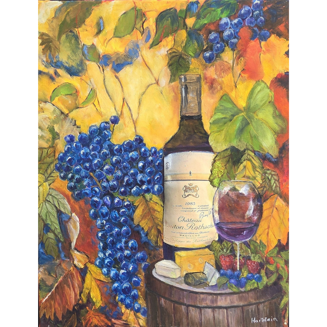 Painting of a still life featuring a wine bottle, a glass of red wine, grapes, leaves, and rocks on a wooden surface, with autumn-colored background.
