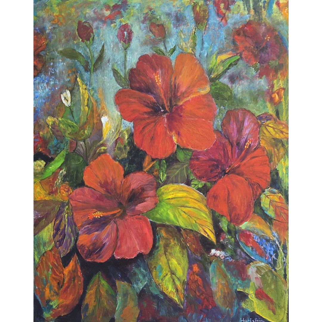 A colorful painting of red and purple hibiscus flowers with green, yellow, and multicolored leaves against a vibrant background.