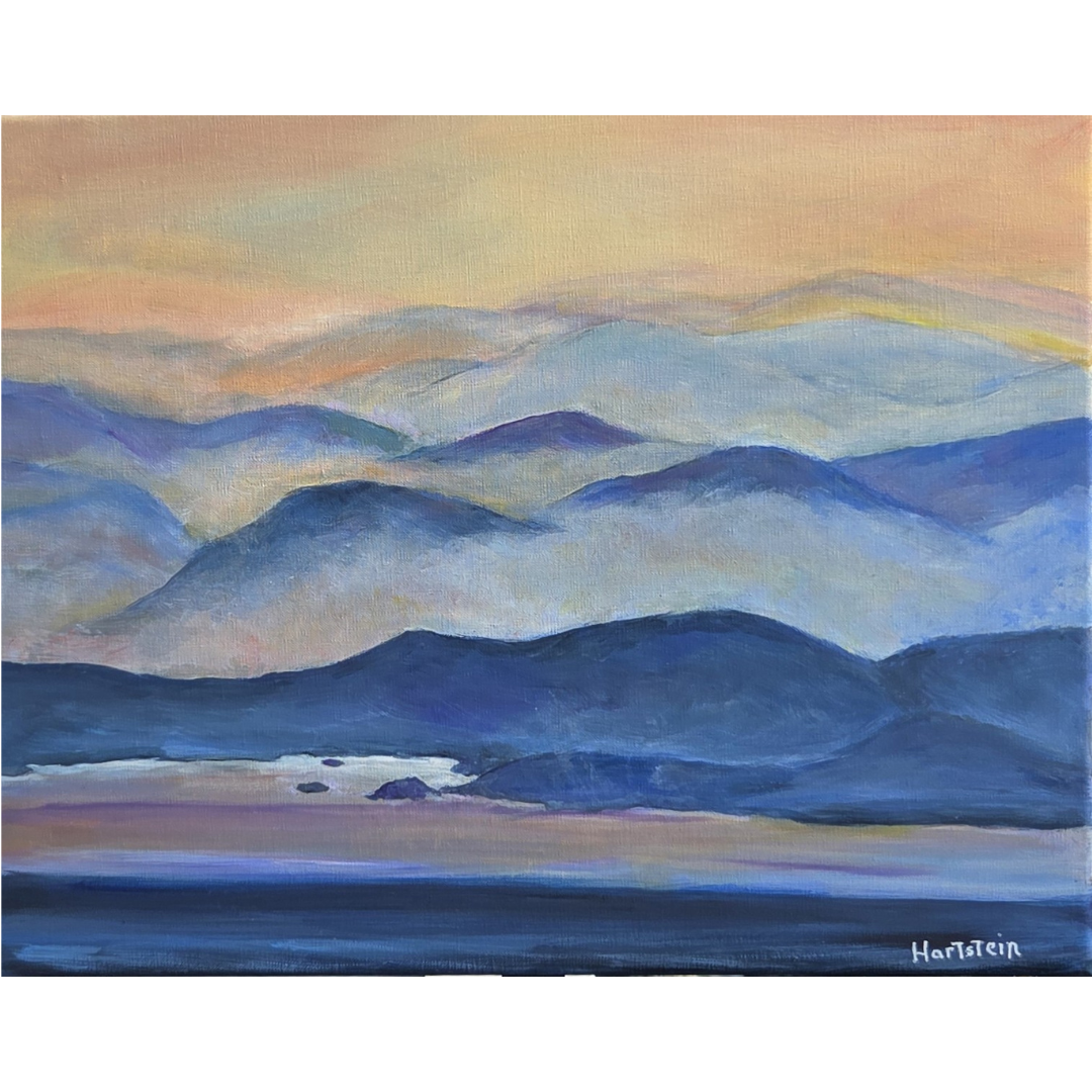A painting of a mountain landscape with layered blue and purple mountains under a pastel sky at dawn or dusk.