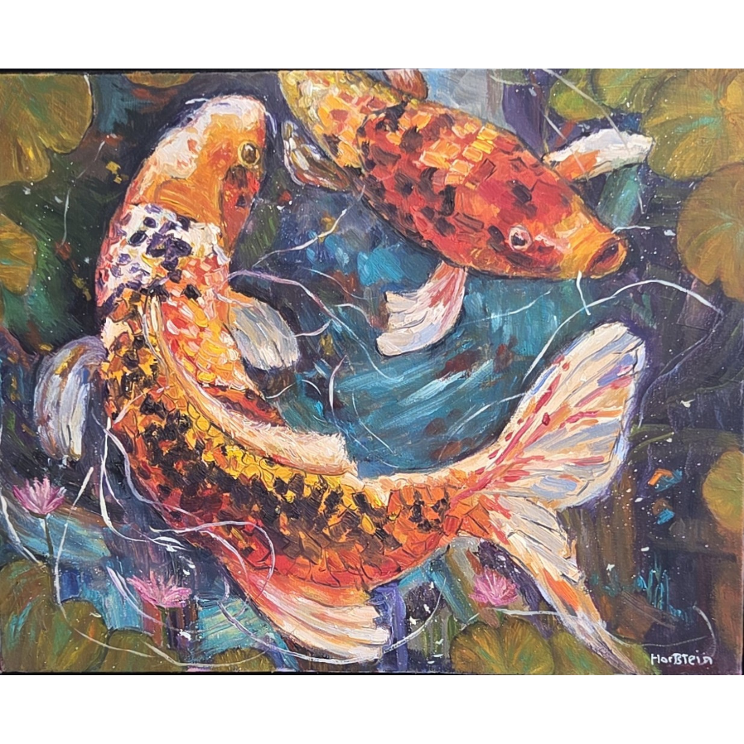 Colorful painting of three koi fish swimming among water lilies.