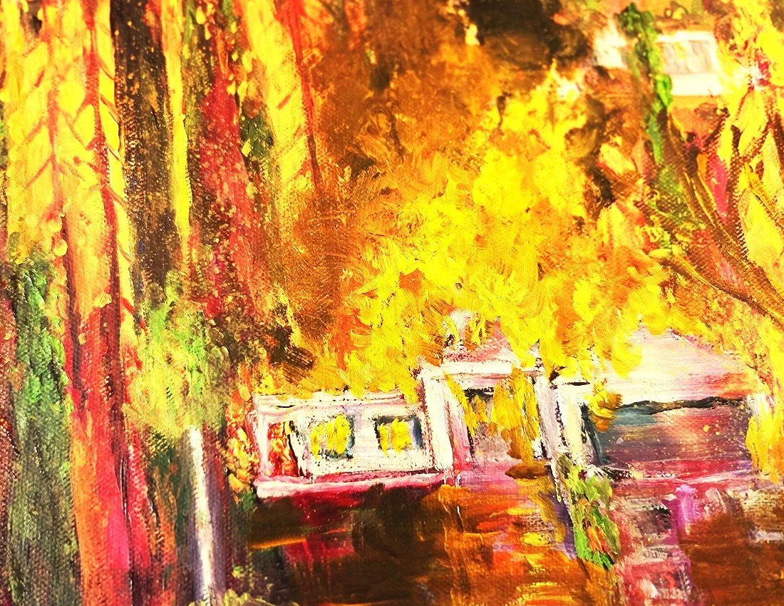 An impressionistic painting of a park scene with trees and a white bridge over a small waterway in autumn.