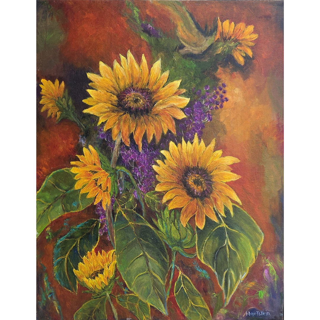 A painting of a bouquet of sunflowers with yellow petals and dark centers, surrounded by green leaves and purple flowers, on a warm, textured background.