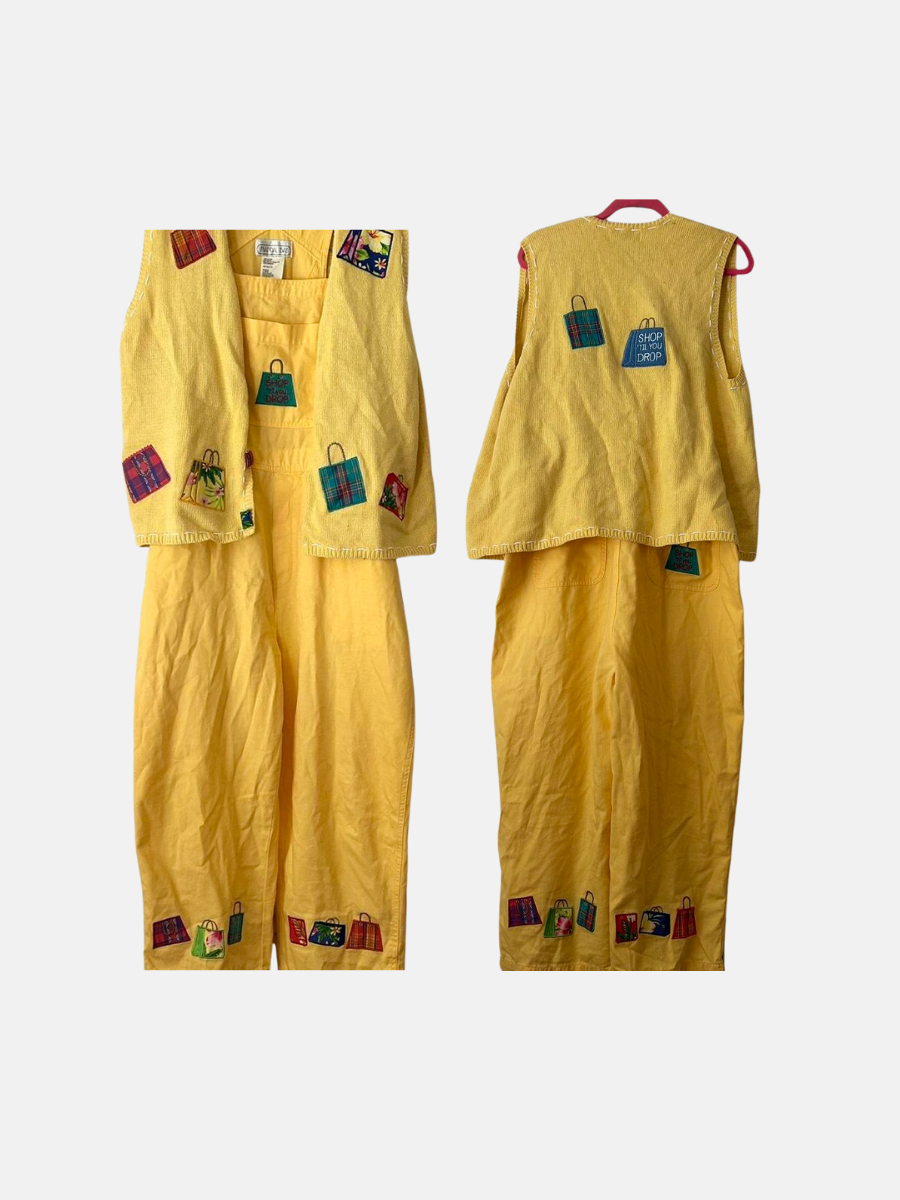 Vintage Mandalay Designs "shop 'til you drop" overall/vest set XXL $90.00