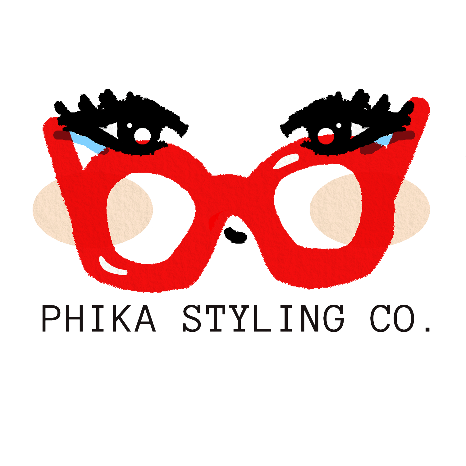 A logo featuring a pair of cartoon-style eyes wearing red glasses with the text "PHIKA STYLING CO." underneath.