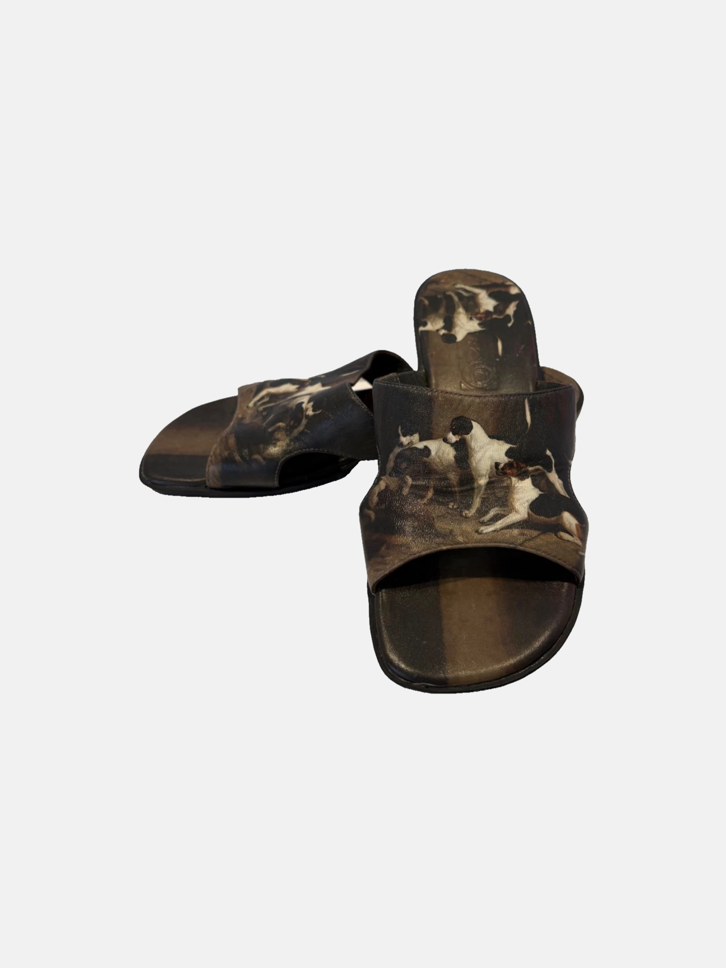 Leather wearable art terrier slides size 6.5 $125