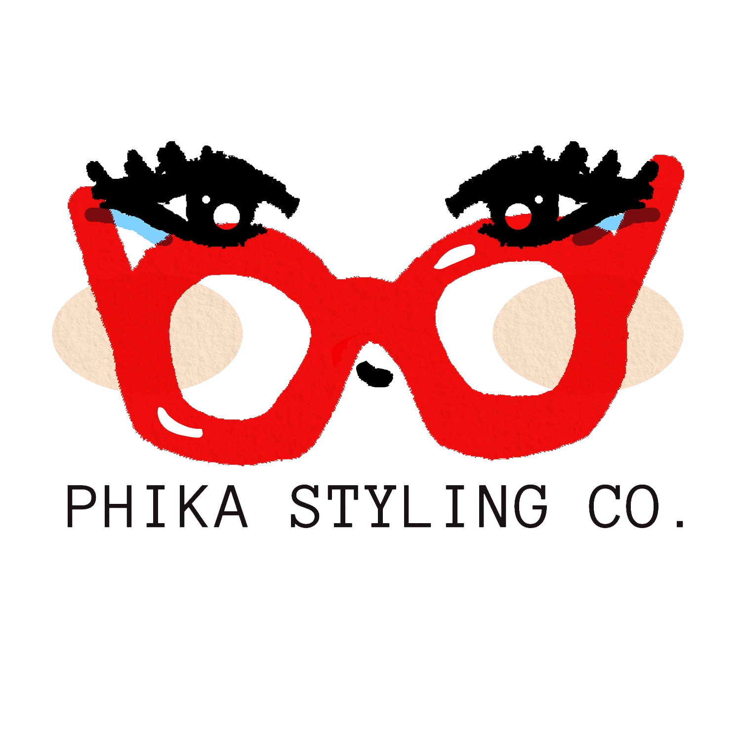 A graphic logo of red eyeglasses with cartoonish eyes and black lashes, accompanied by the text signal 'PHIKA STYLE CO.' underneath.
