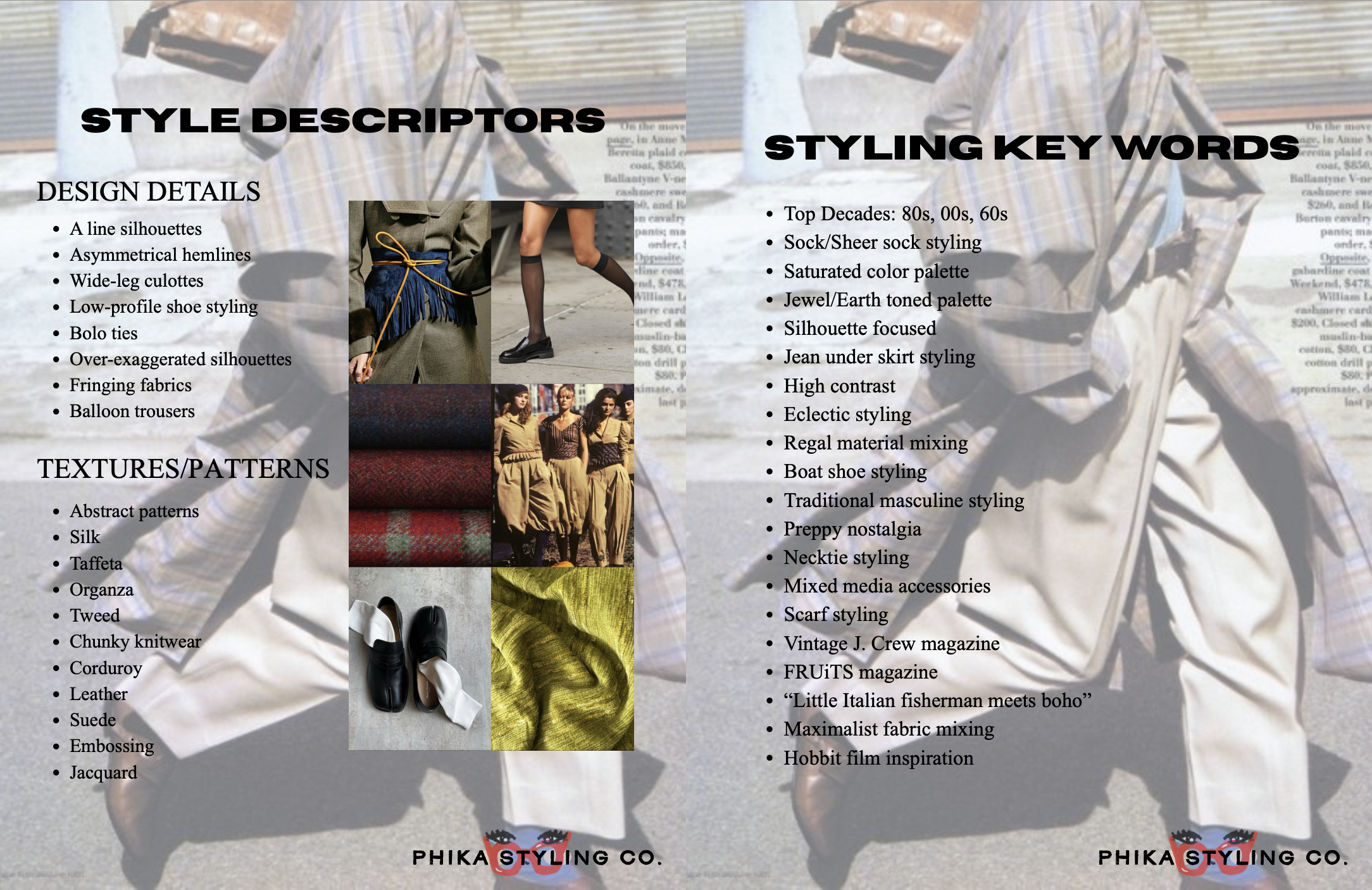 Page 1 and 2 of Client A's style book, breaking down the client's style elements