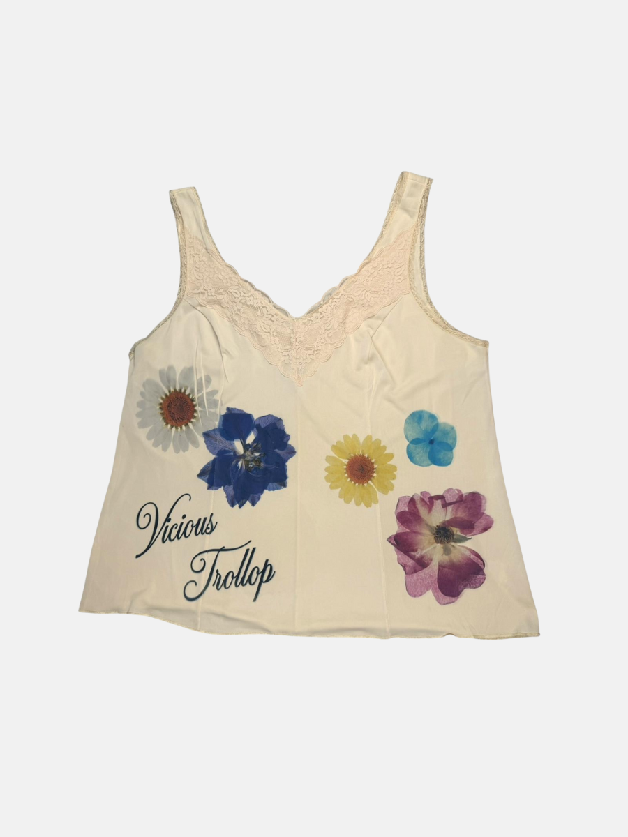 Upcycled lace top with hand printed designs XXL/2X $45.00