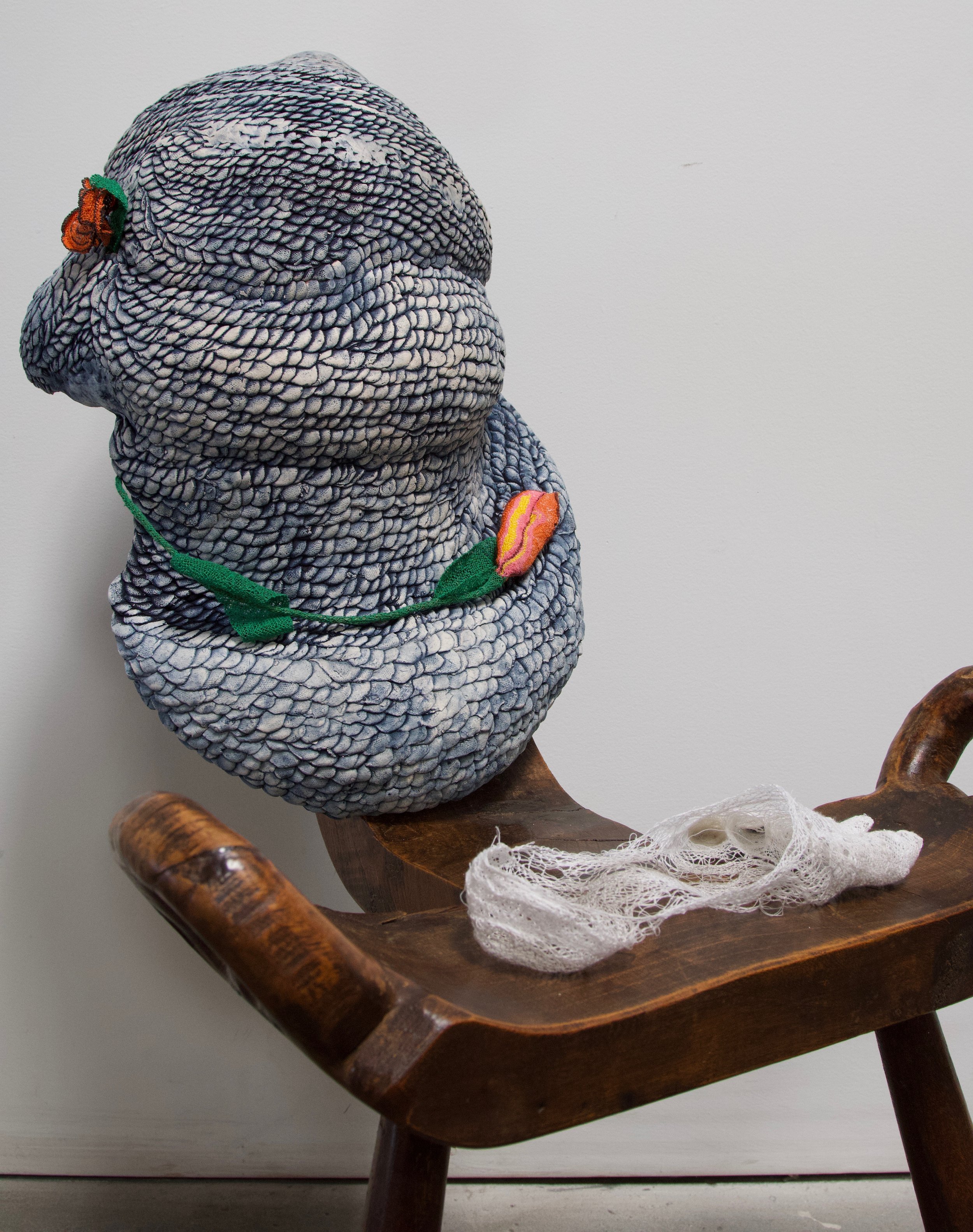 Ruzanna Hanesyan, assemblage with lace; Soviet silk thread, birthing chair, indigo dyed clay; Pasadena, CA, 2021. Made in memory of her grandmother, Ruzanna, with her cherished silk threads. Photo credit: © Johnny Perez 2021.