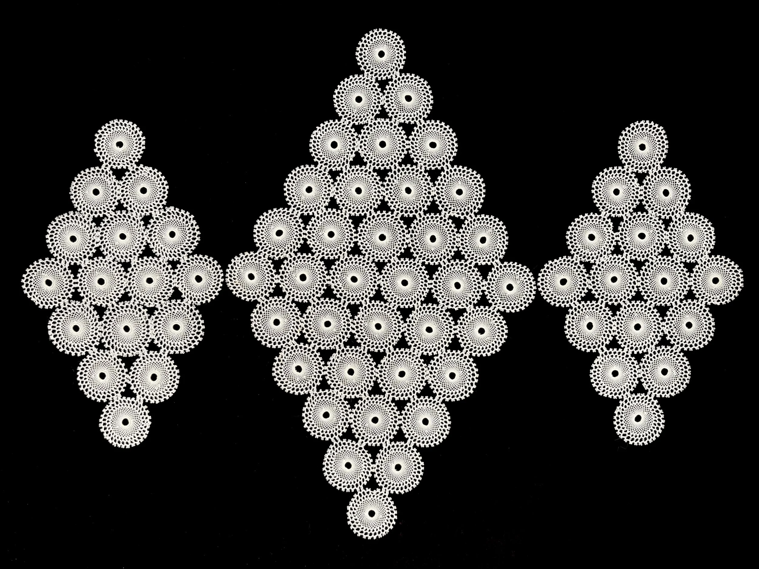 Azadig Bidanian Collection. Unknown maker, three matching needlelace diamond-shaped doilies, unknown location and date. Photo credit: © Deborah Valoma 2025.