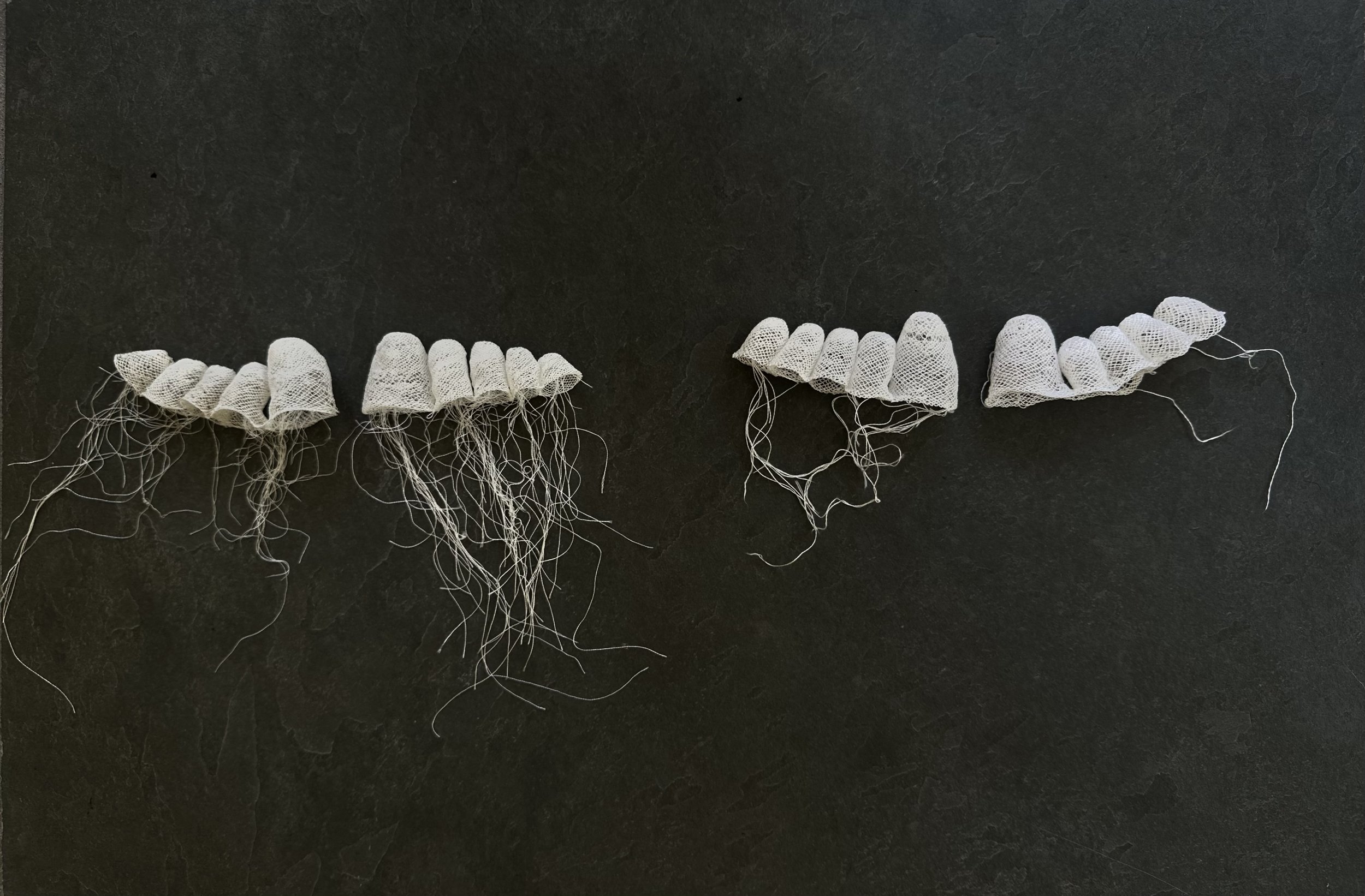 Ruzanna Hanesyan, process photo of lace toes sculpture, cotton thread, Pasadena, CA, 2024. First exhibited at the mi526 event "Bloom." Photo credit: © Ruzanna Hanesyan 2024.