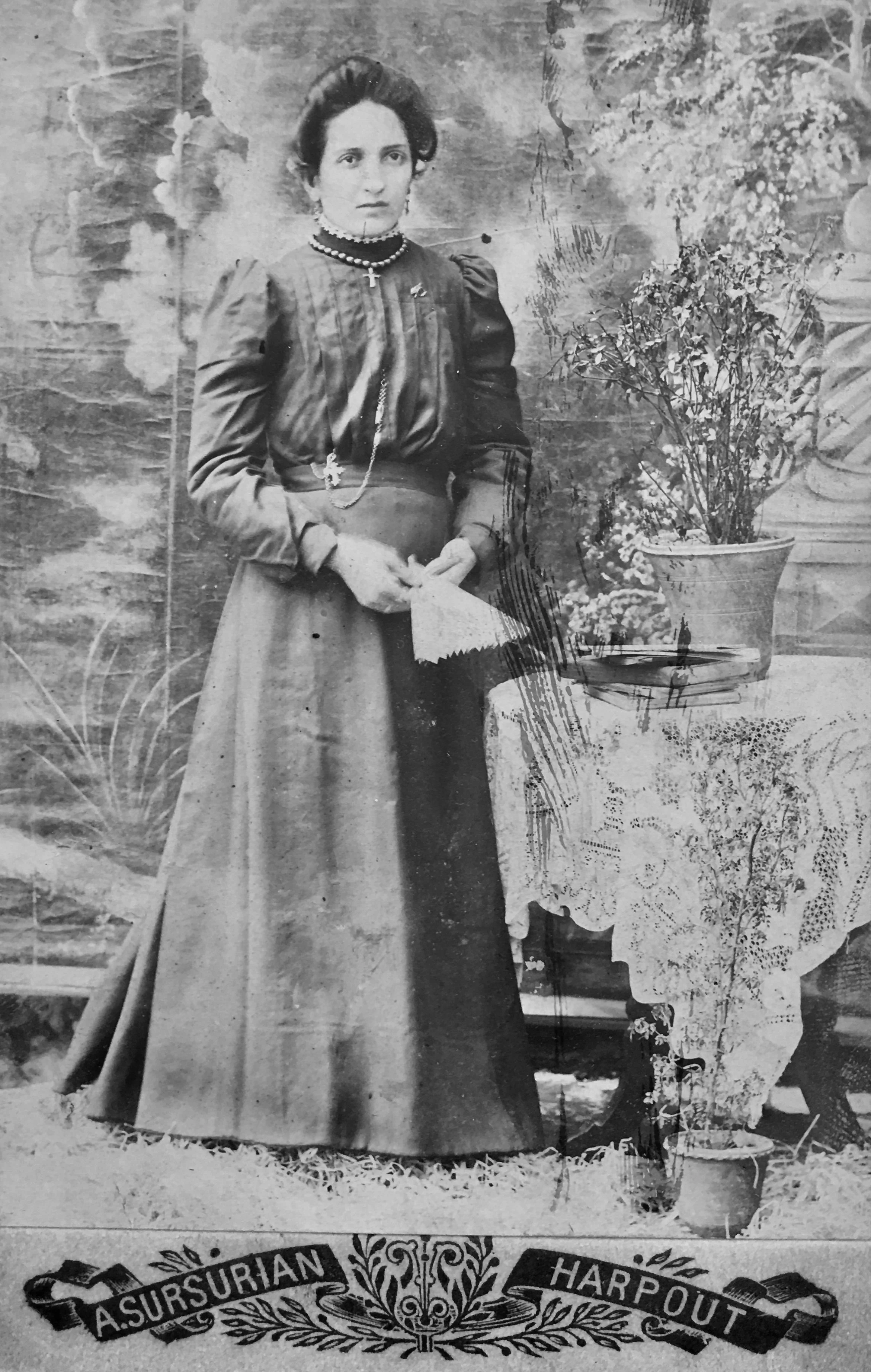 Margrit Varteresian, bride photograph taken before her arranged marriage to Hamparsoum Sohigian in the United States, photograph taken at the Sursurian Studios, Kharpert, ca. 1908. Her father, mother, and sister did not survive the Armenian Genocide 