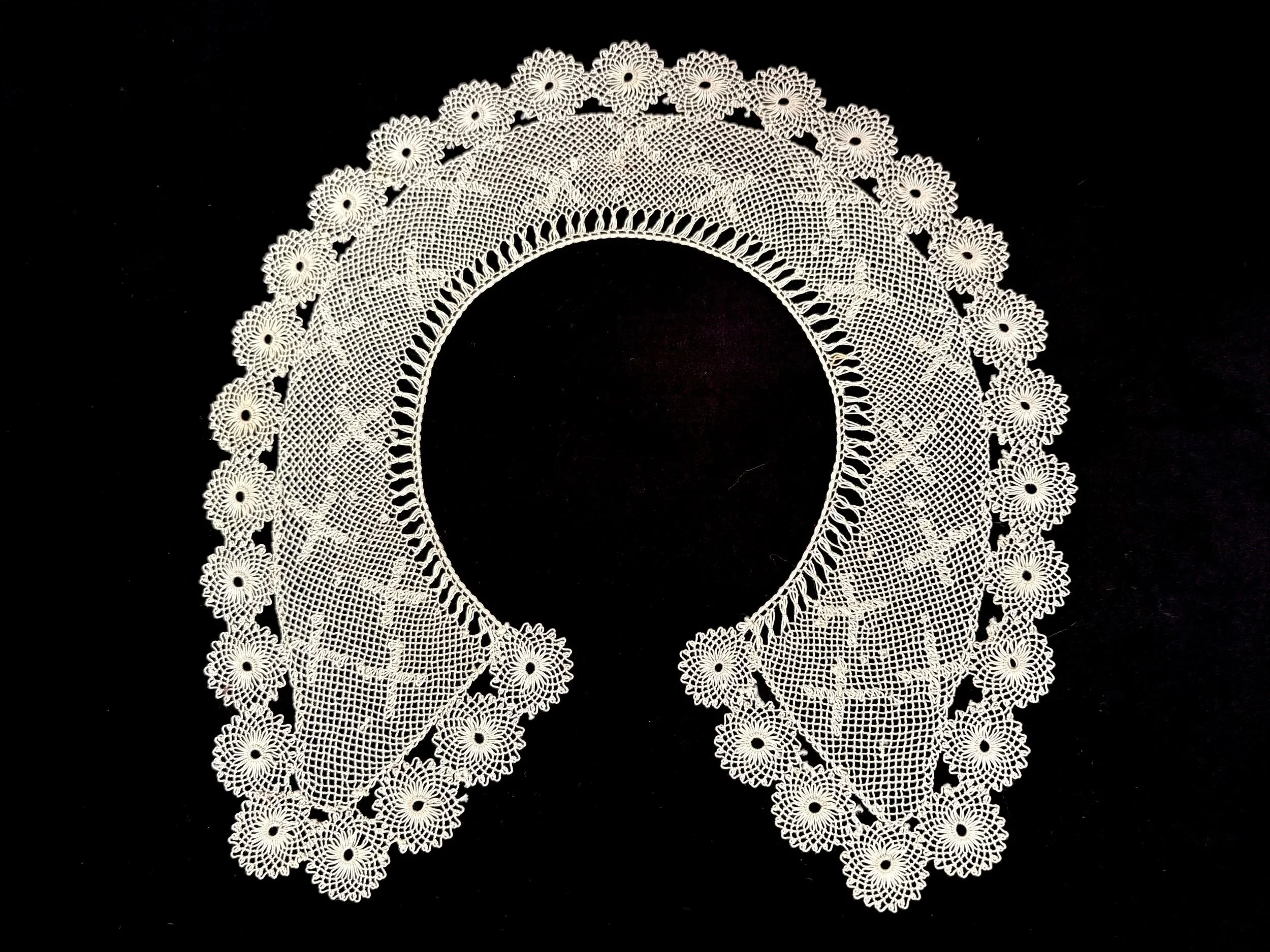Azadig Bidanian Archive. Sara Stamboulian, needlelace collar, Anjar, Lebanon, ca. 1966. One of two made for Azadig and her sister Silva and presented on the occasion of their emigrating from Anjar, Lebanon to the United States. "Always two. One for m