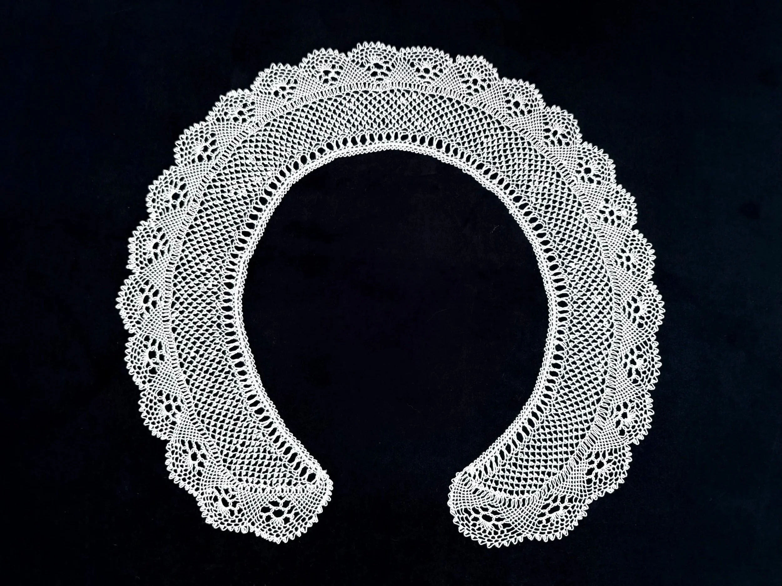 Azadig Bidanian Archive. Sara Stamboulian, needlelace collar, Anjar, Lebanon, ca. 1966. One of two made for Azadig and her sister Silva and presented on the occasion of their emigrating from Anjar, Lebanon to the United States. "Always two. One for m
