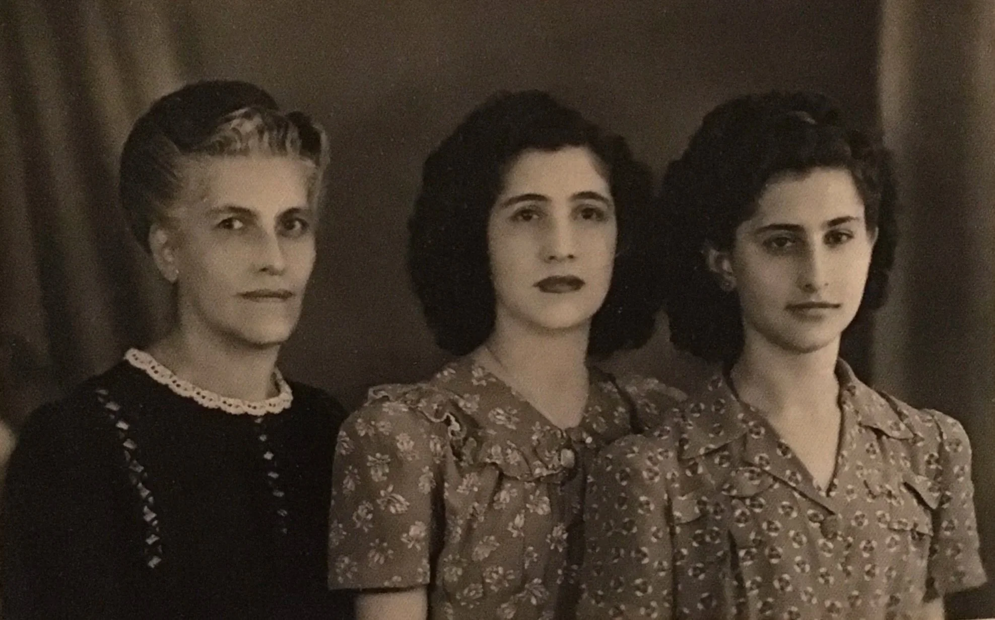 Mikayla Kurkjian's great-grandmother Haiganoush Minassian (left), grandmother Mariam Kurkjian (center, and my great-aunt Vartouhi Kurkdjian (right), Brazil, ca. 1947. Photo: @ Mikayla Kurkjian.