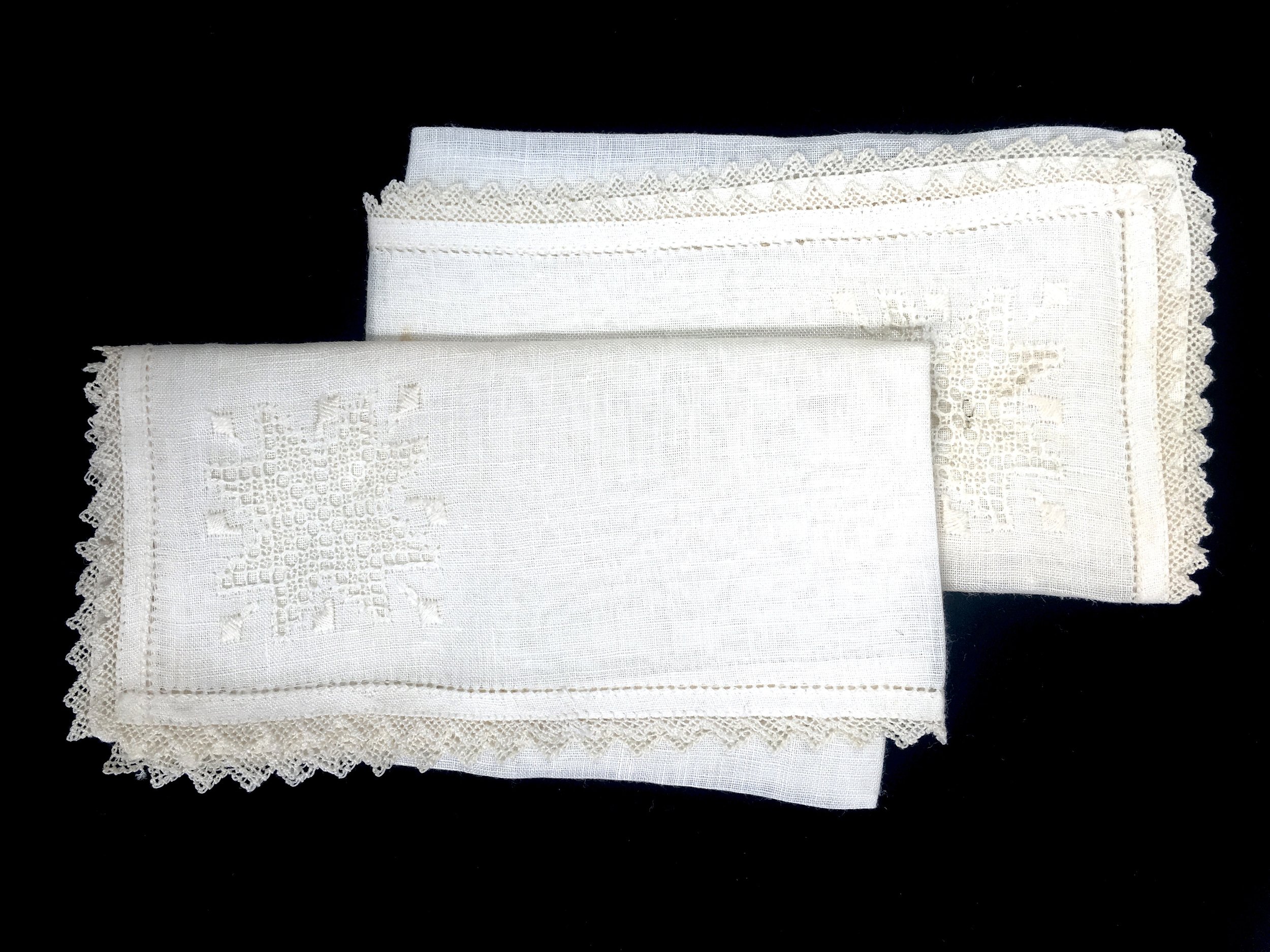 Sara Sohigian Magarian Archive. 

Sara's mother Margrit Varteresian Sohigian, (attributed), two needlelace-trimmed silk handkerchiefs, Kenosha, Wisconsin or Fresno, California, early twentieth century. 

Photo credit: © Deborah Valoma 2018.