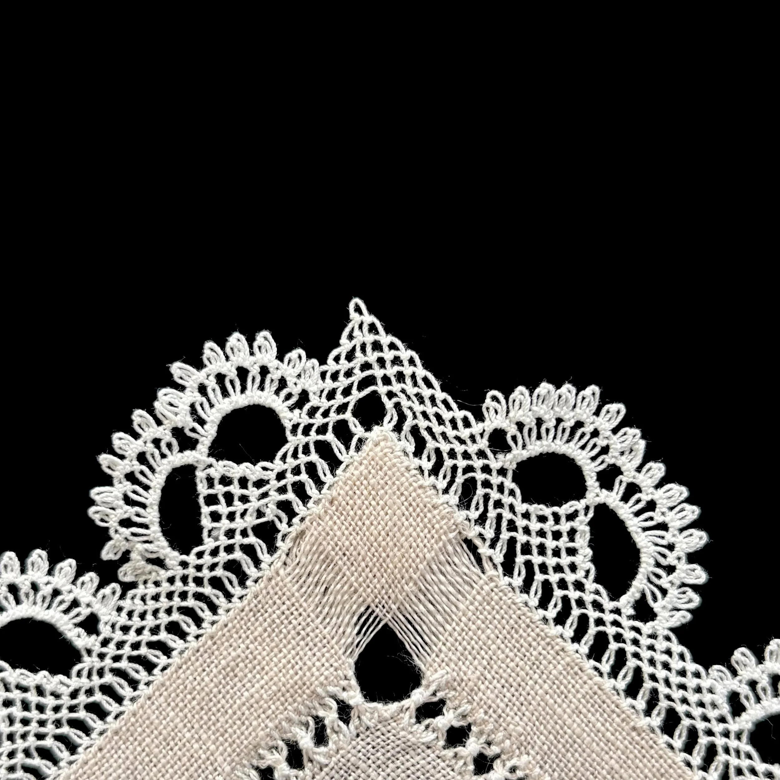 Mikayla Kurkjian, table linen with Aintab embroidery and needlelace trim, Maryland, 2024 (detail of needlelace trim). Received the Anna Troyer Award at the 2024 Maryland State Fair. Photo credit: @ Mikayla Kurkjian 2026.