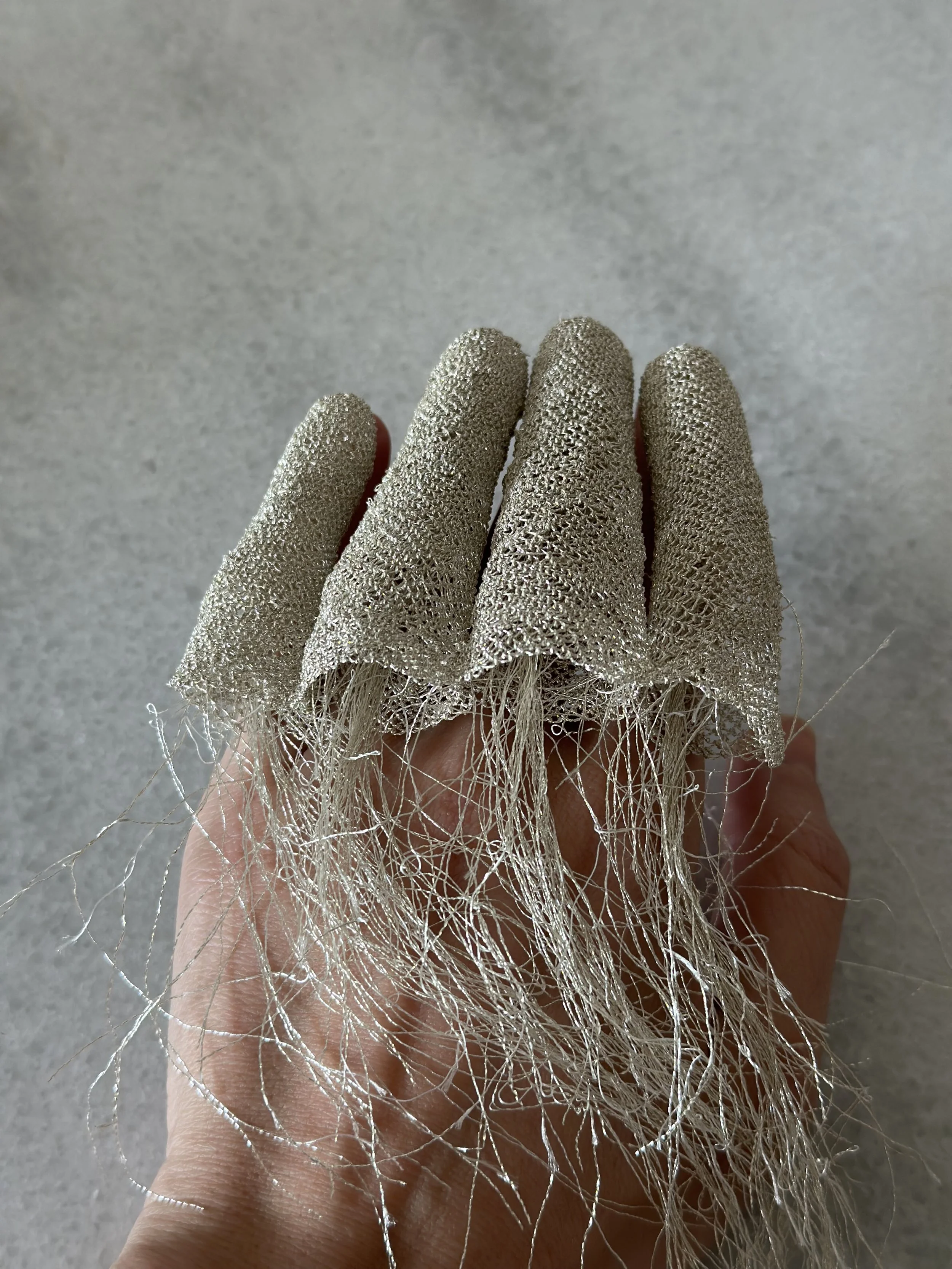 Ruzanna Hanesyan, process photo of lace hand sculpture series; metallic thread, stone, plexiglass; Pasadena, CA, 2024. Photo credit: © Ruzanna Hanesyan 2024.