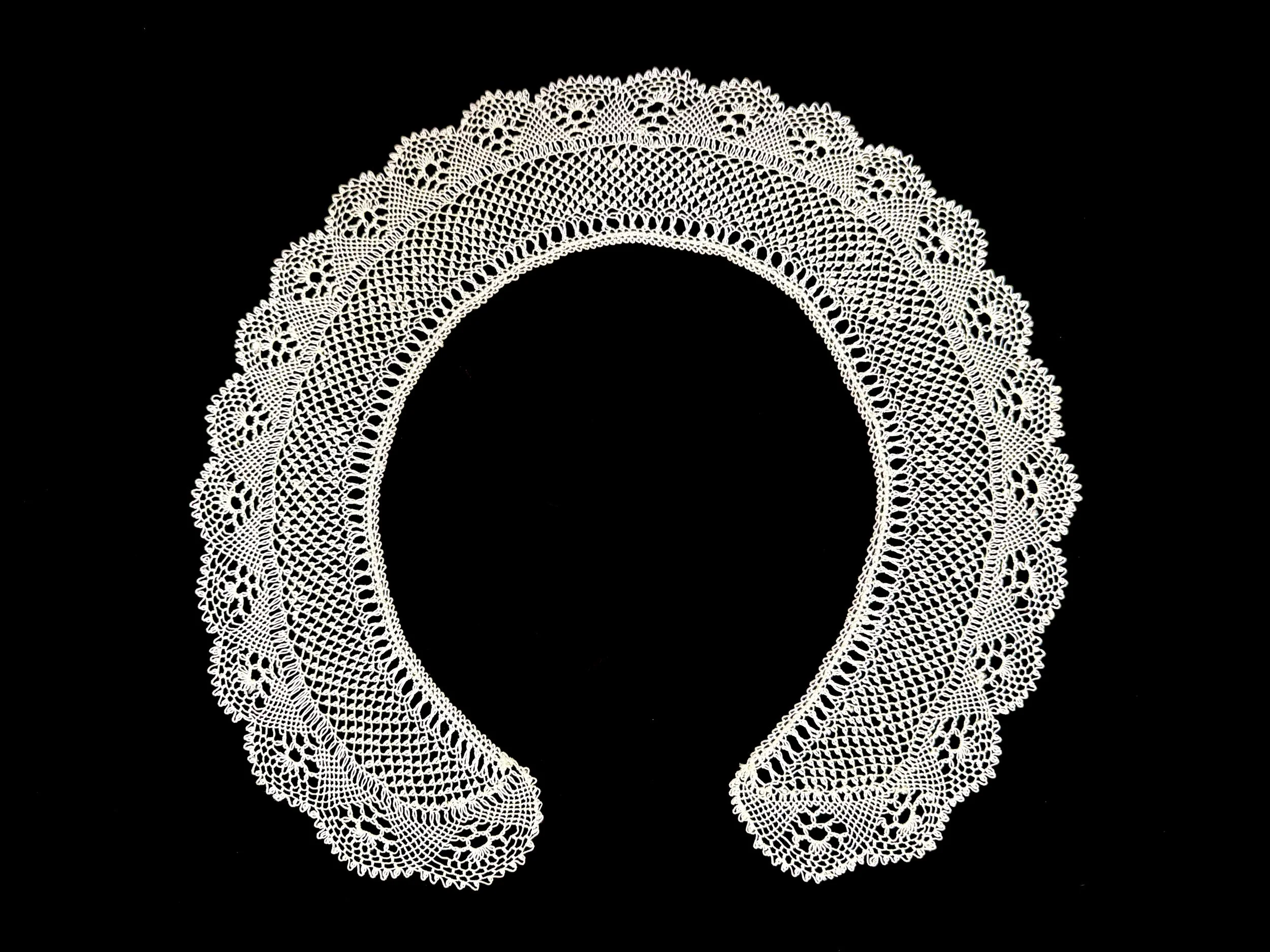 Azadig Bidanian Collection. Sara Stamboulian, needlelace collar, Anjar, Lebanon, ca. 1966. One of two made for Azadig and her sister Silva and presented on the occasion of their emigrating from Anjar, Lebanon to the United States. "Always two. One fo