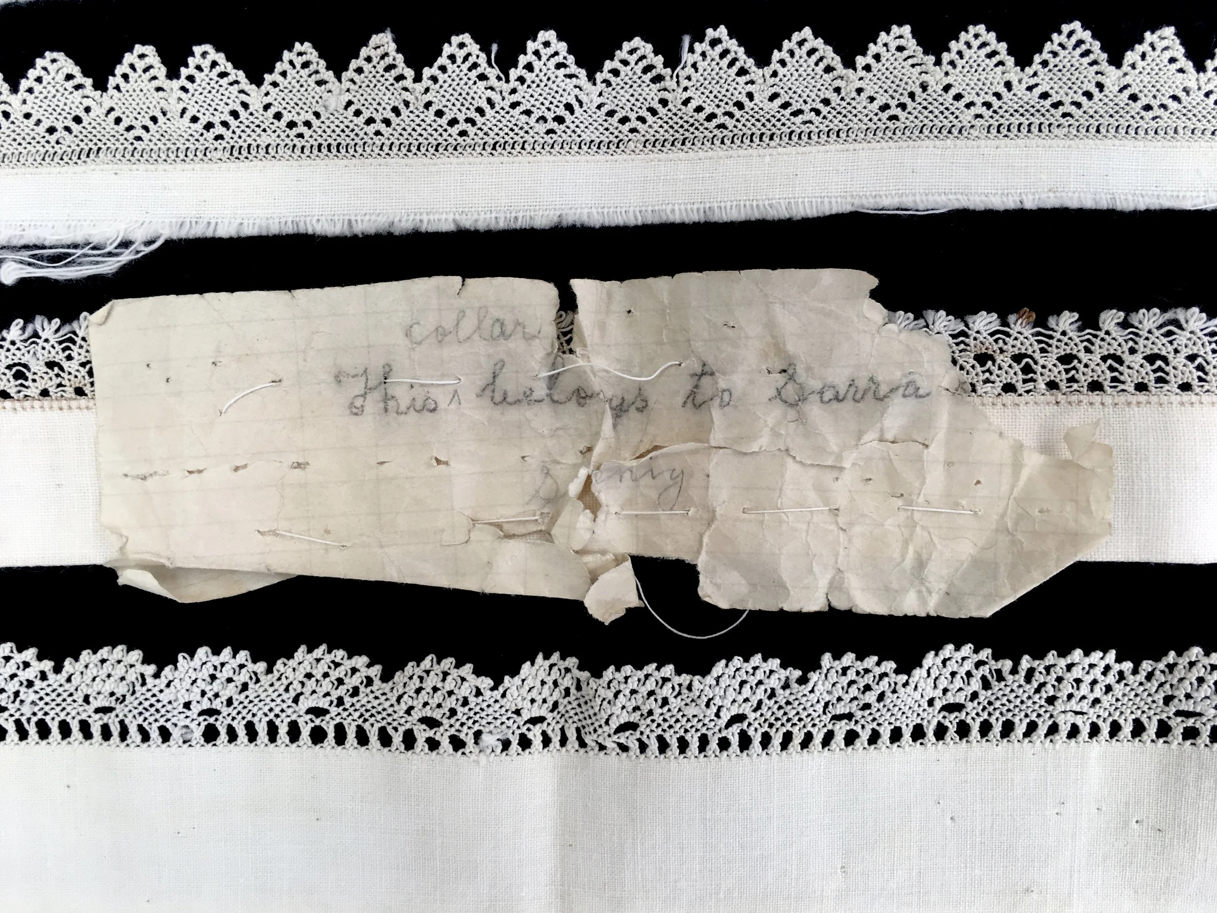 Satinig Chopoorian, four needlelace-trimmed collars with paper note stitched to one, Kharpert, Armenian Highlands, present-day Türkiye, early 1910s. Photo credit: © Deborah Valoma 2018.