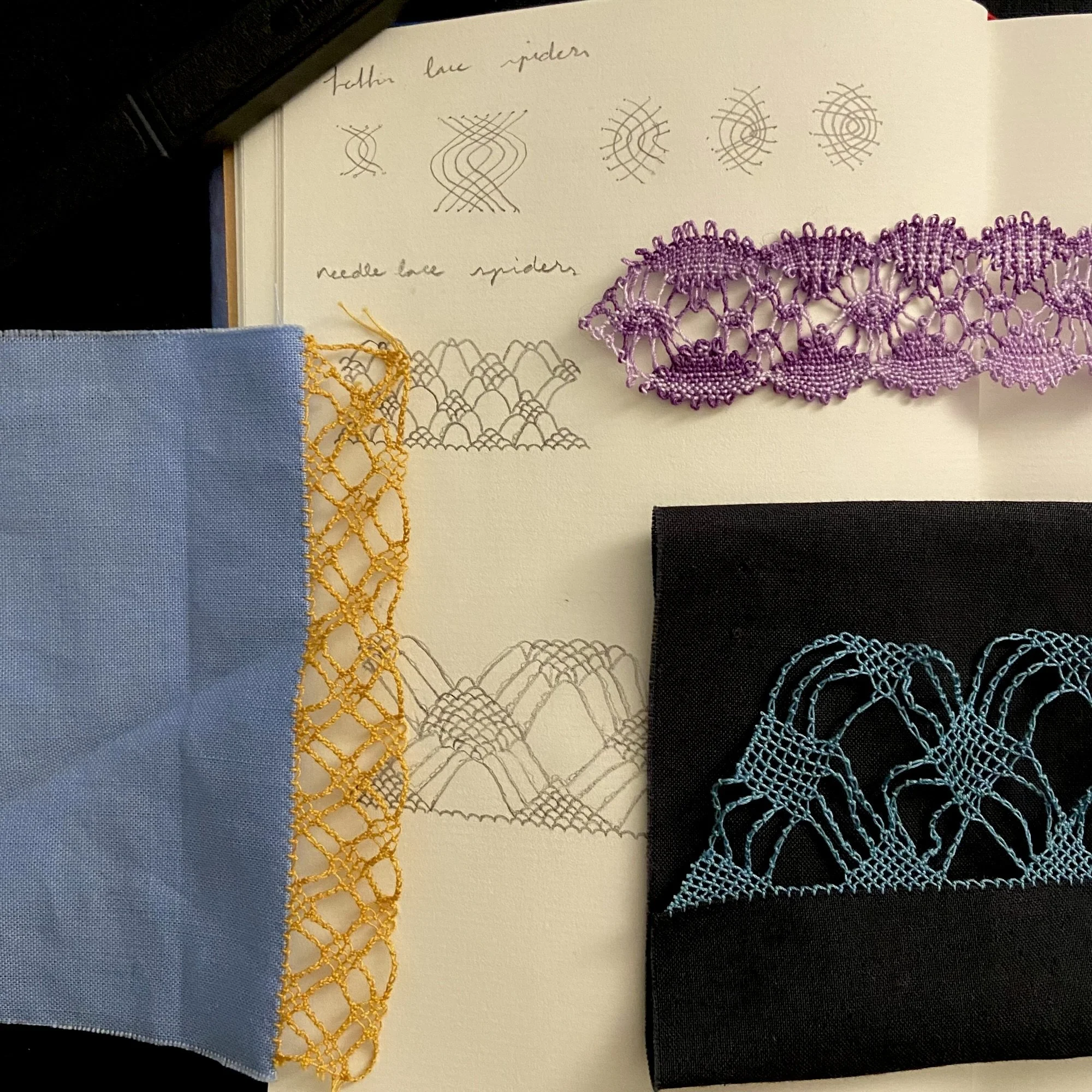 Color image of needlelace and bobbin drawn designs and samples