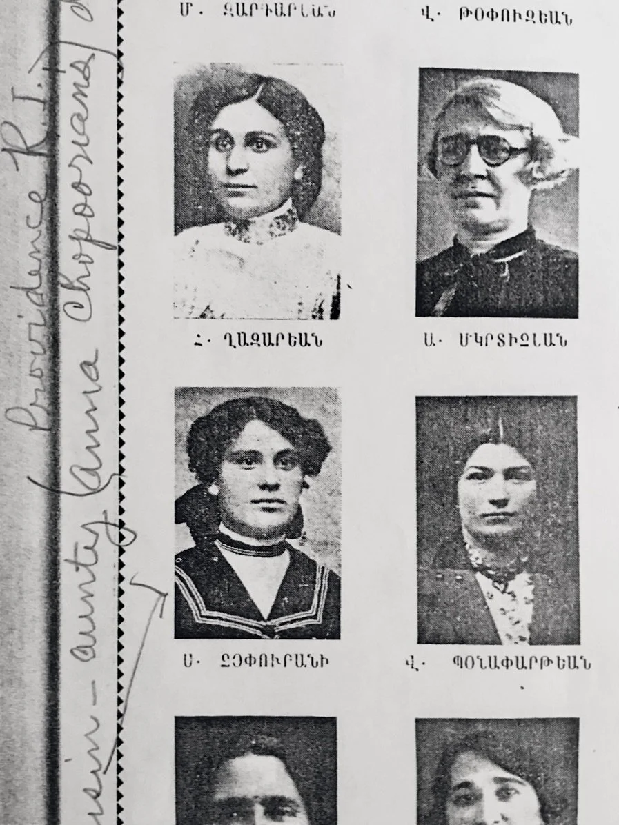 Satinig Chopoorian (middle left), 1913, from the yearbook of Kharpert College where Satinig went to high school. Deborah's grandmother's notes identifying her first cousin in the margin. Photo: © Deborah Valoma.